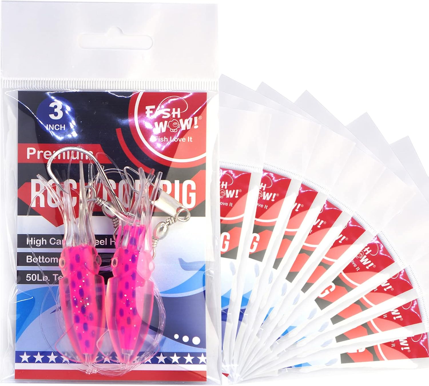 10 Packs - 3" Fishing Rock Cod Rig Twin Bulb Squids Rockfish Bait Soft Lure - Pink