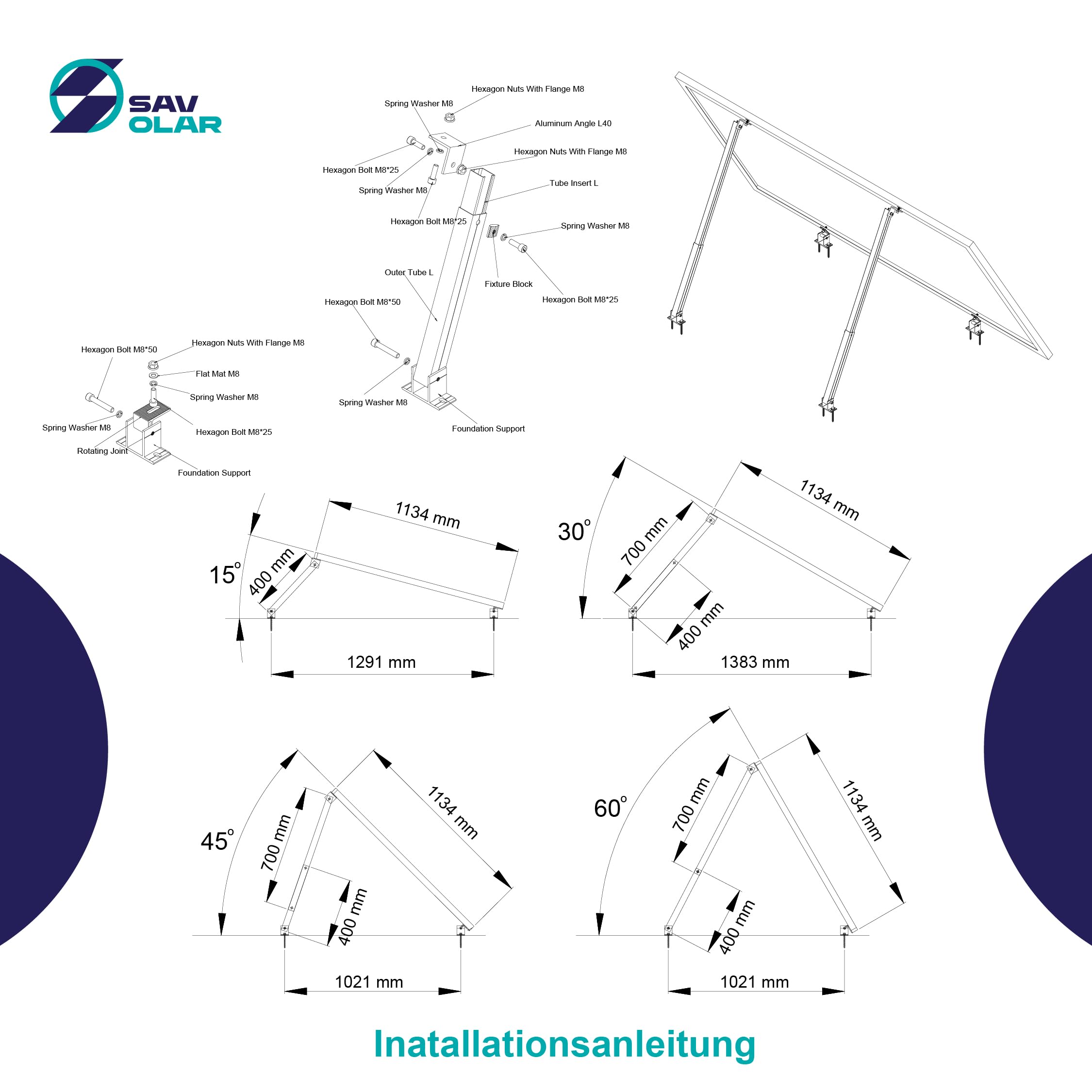 2 Sets SAVOLAR Solarmodul Halterung Balkonkraftwerk Flachdach (15-60°) Winkel Einstellbar, 50-100cm Verstellbar, Balkonkraftwerk Halterung Flachdach Ziegeldach und Wand, Solarpanel Halterung flachdach