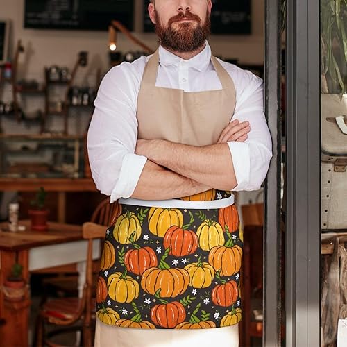 Miniatura 7 de HappyThanksgiving - Delantal de cintura con patrón de calabaza y otoño, con 3 bolsillos, medio corto, para camarero, restaurante, cocina, babero