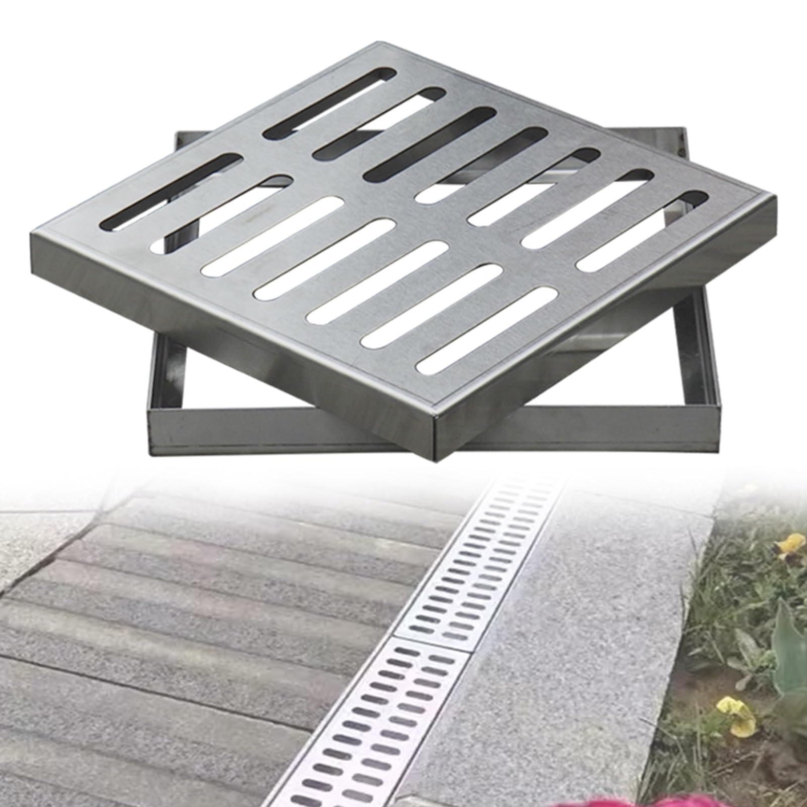 Tapa de Drenaje Exterior, Rejilla Cuadrada de Acero Inoxidable para sumideros, Apta para Patios y entradas de vehículos, Tapa de alcantarilla Inoxidable, 60x40x3 cm (24x16x1.2 Pulgadas) y SL