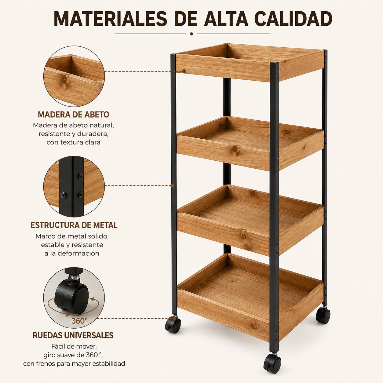 Carrito de Almacenamiento de 4 Niveles, Estantería con Ruedas 35x25x95 cm | Diseño compacto. Ideal para dormitorio, baño, cocina, balcón, salón y estudio XZ-22229