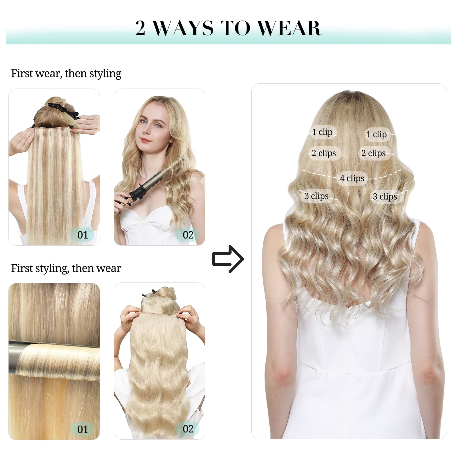 DOORES Dopinki do włosów z prawdziwych włosów, brudny blond, pasemka blady blond, 30 cm, 12 cali, 7 sztuk, 80 g, doczepiane włosy Remy, przedłużenie włosów, gładkie, na całą głowę, prawdziwe włosy