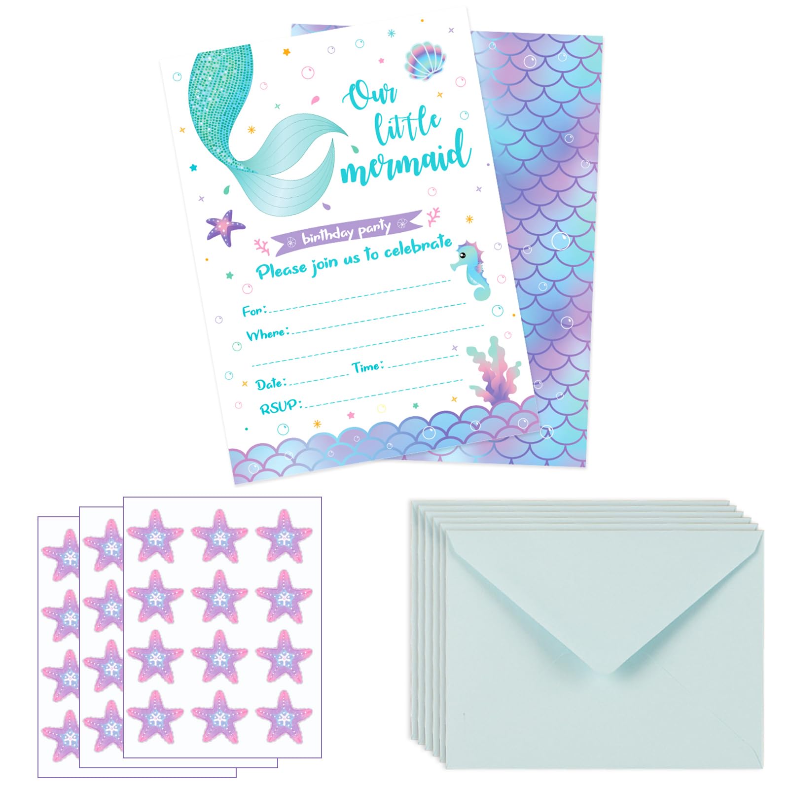 Invitaciones Para Cumpleaños De Niños WERNNSAI Paquete De 20 Invitaciones  De Fiesta De Sirena Para Niños, Tarjetas De Invitación De Cumpleaños Con  Sobres, Relleno De Sirena De Acuarela Rosa, Suministros De Fiesta, image size:1600x1600