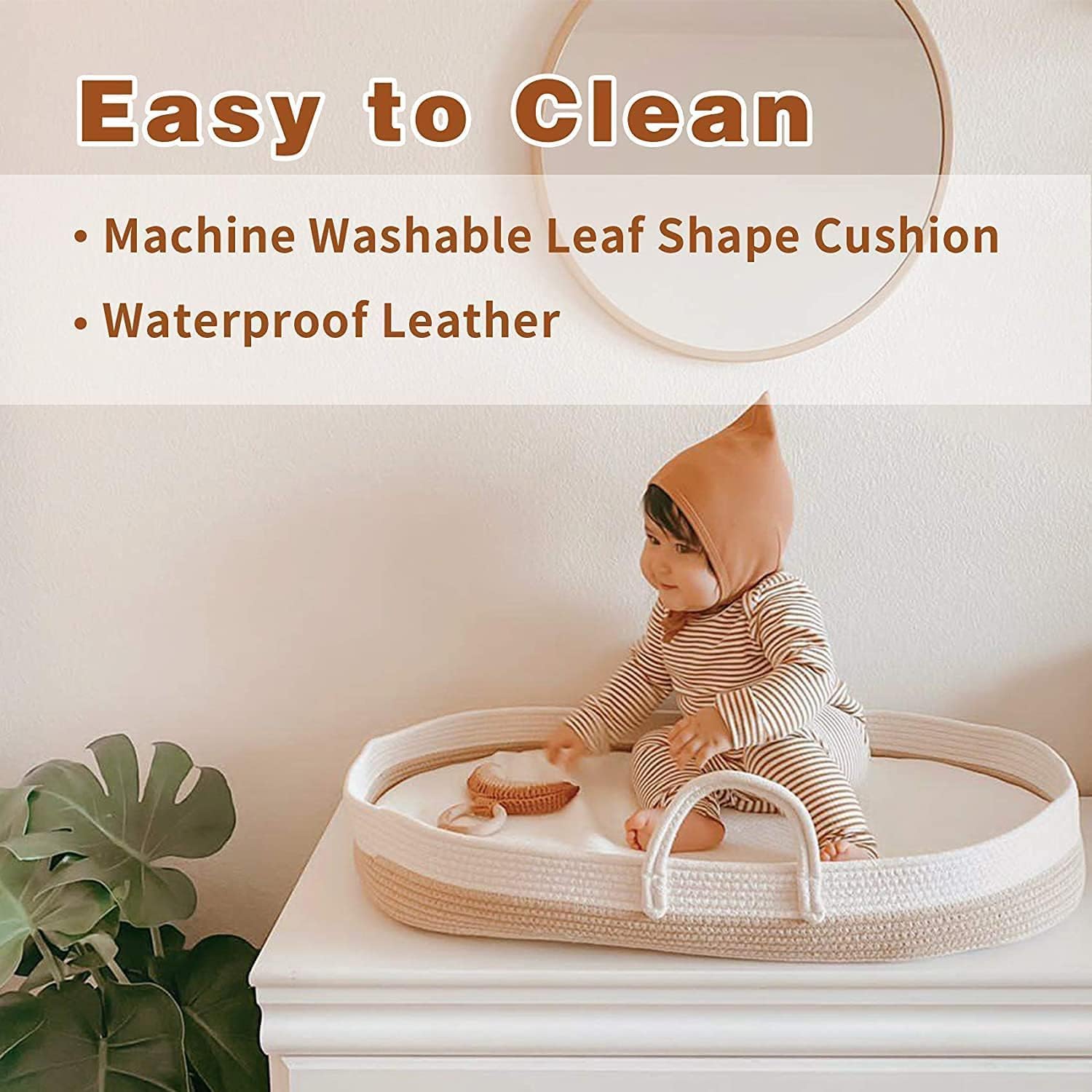 Baby Diaper Changing Basket, Nursery Set with Thick Pad,Waterproof Leather Pad, Leaf Shape Cushion and Storage Bag