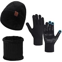 Winter Beanie Hat Circle Scarf Touchscreen Gloves Set, Skull Cap Gloves Neck Warmer Set with Fleece Lined for Men