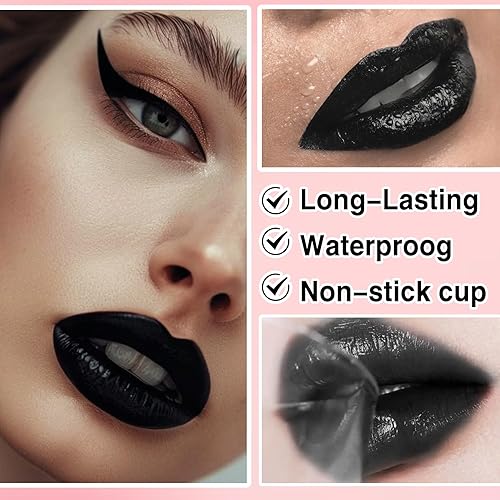 3 in 1 Black Matte Lipstick and Lip Liner Set, Liquid Lipstick Lip Gloss, Smudge Proof, Waterproof and Long Lasting for Halloween Cosplay Goth Makeup