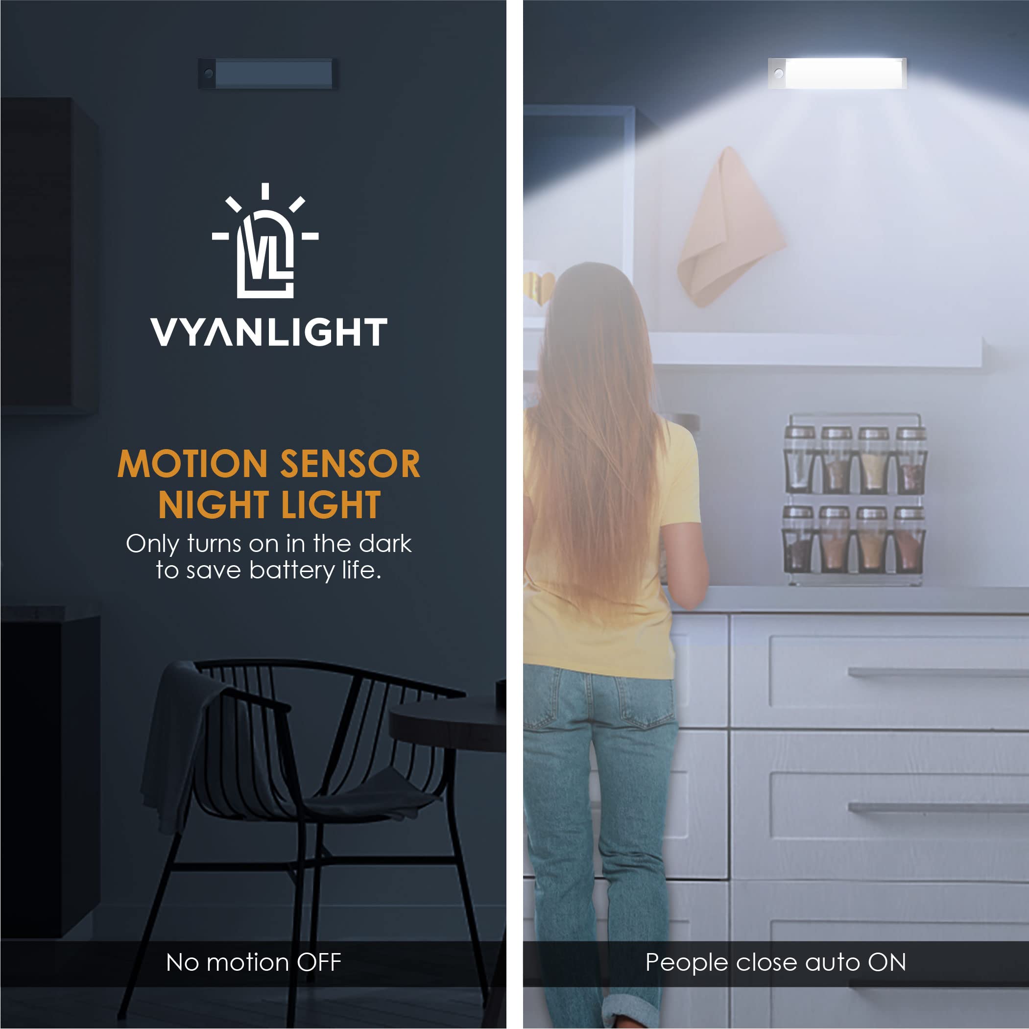VYANLIGHT Luce a 58 LED con sensore di movimento per interni, luce per armadio, ricaricabile tramite USB, senza fili, per cucina, armadio e armadio, 1500 mAh, bianco caldo e naturale, confezione da 2