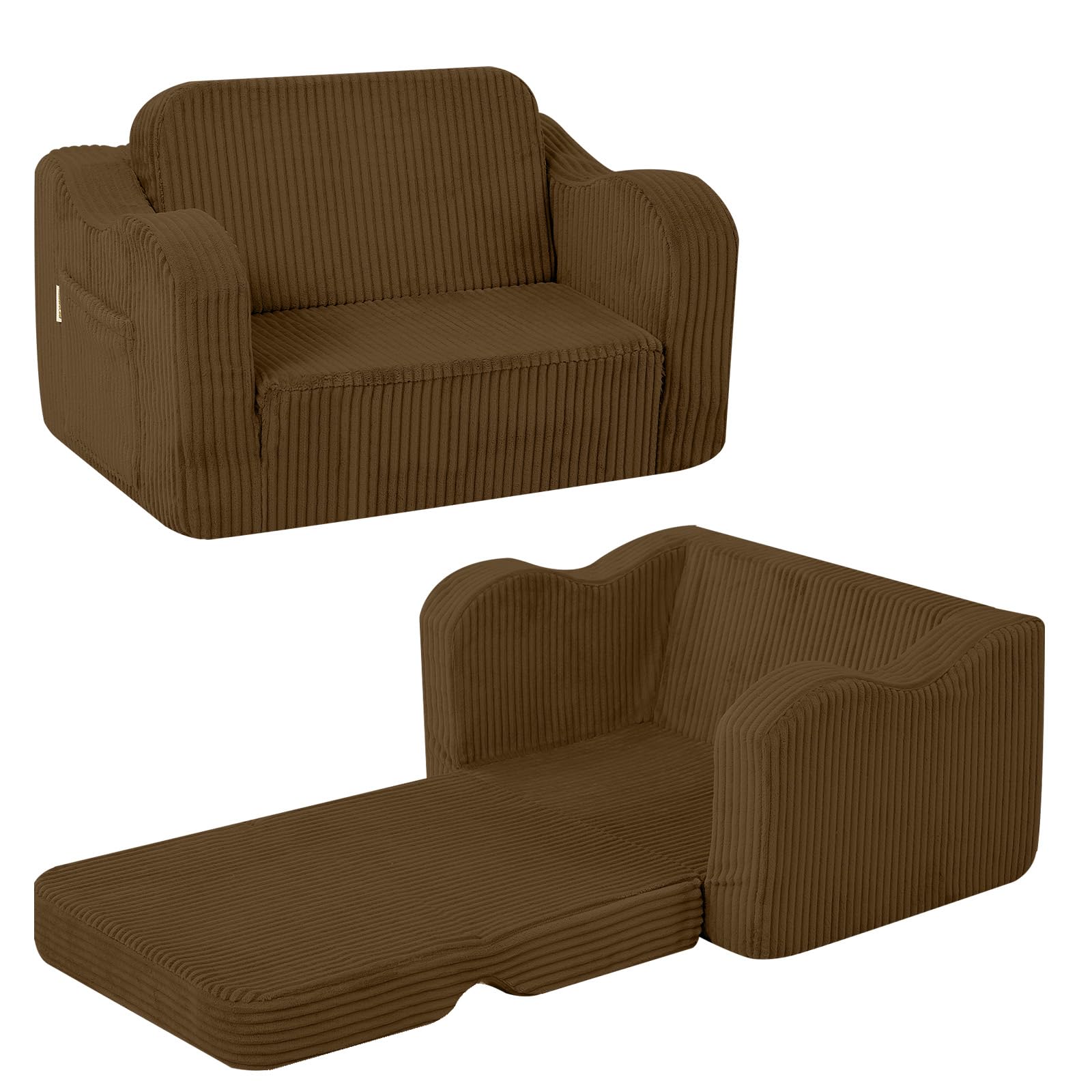 MeMoreCool Corduroy Kids Couch Sofa, Folding Toddler Chair Bed, Fold Out Kids Armchair Sofa for Playroom, Comfy Convertible Baby Recliner for Girls Boys, Brown โ image 1