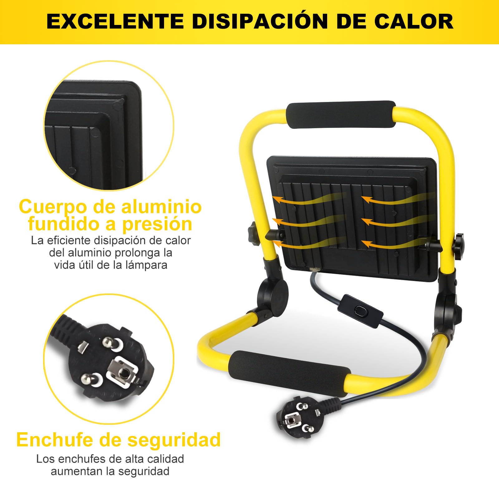 Luz de trabajo LED de 50 W, luz de trabajo súper brillante de 5400 lm, reflector portátil de 6000 K, luz blanca diurna, IP66 impermeable, luces de construcción con cable de 3,5 m, enchufe e