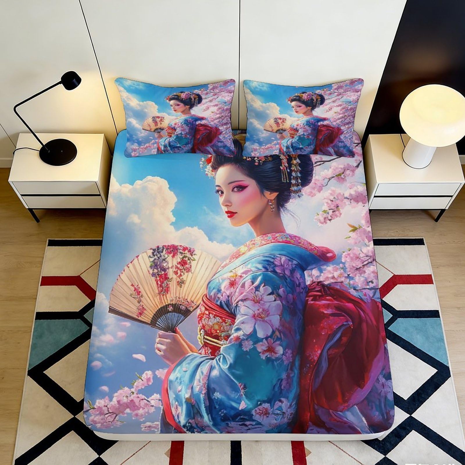3D Printed Sakura Geisha Fitted Sheet Microfiber Anti-Slip Bed Cover for Bedroom Dorm Easy Care Decor 90x200x25cm