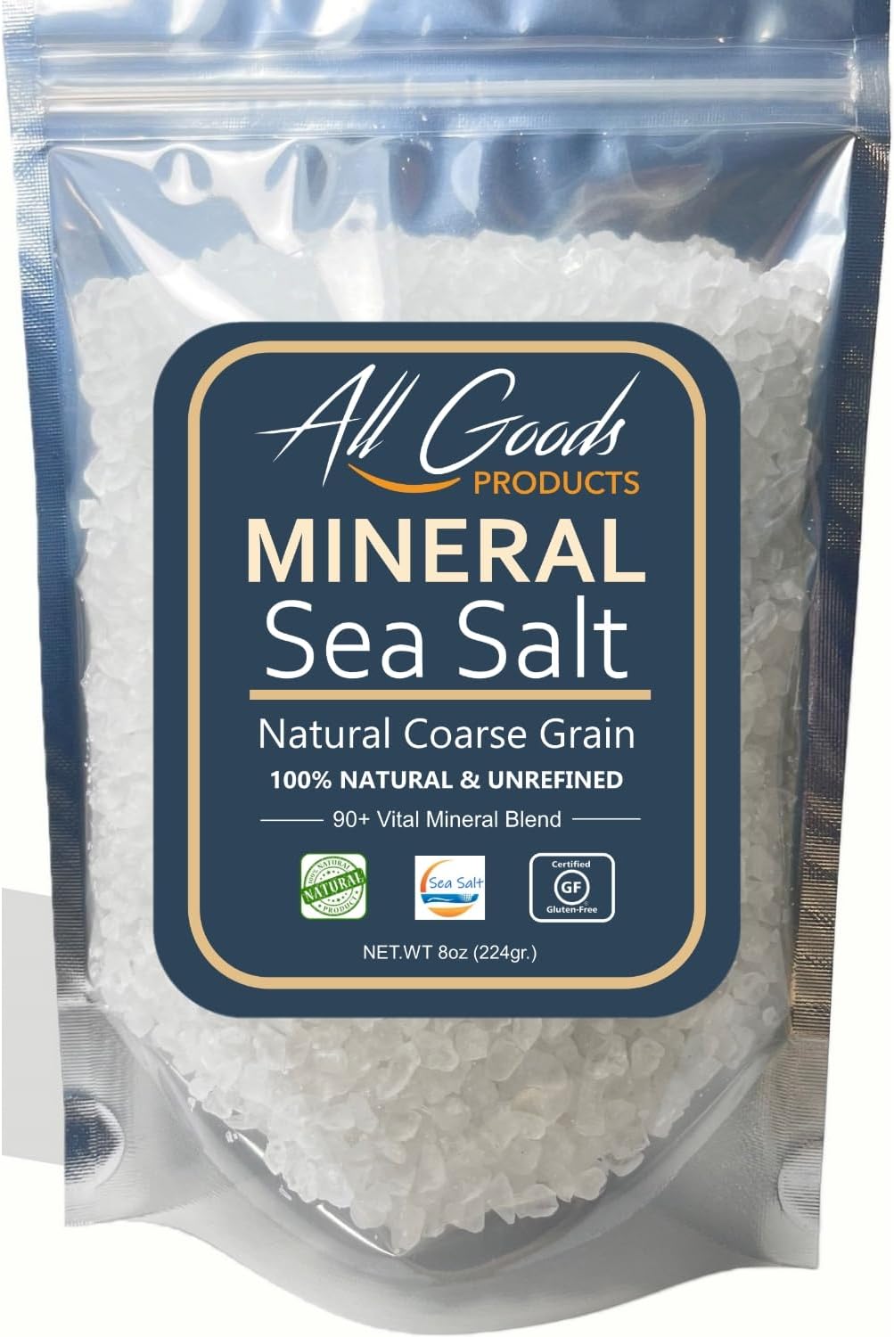 All Goods Products Mineral Coarse Grain Sea Salt, 8 oz Natural Salt from Mexico, Unrefined, Hand-Harvested, Loaded With 72+ Essential Minerals, Kosher, 30% Low Sodium.