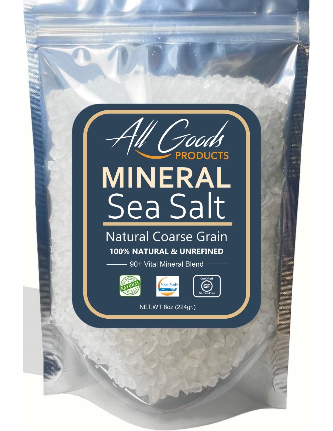 All Goods Products Baja Mineral Coarse Grain Sea Salt, 8 oz Natural Salt from Mexico, Unrefined, Hand-Harvested, Loaded With 90+ Essential Minerals, Kosher, 30% Low Sodium.