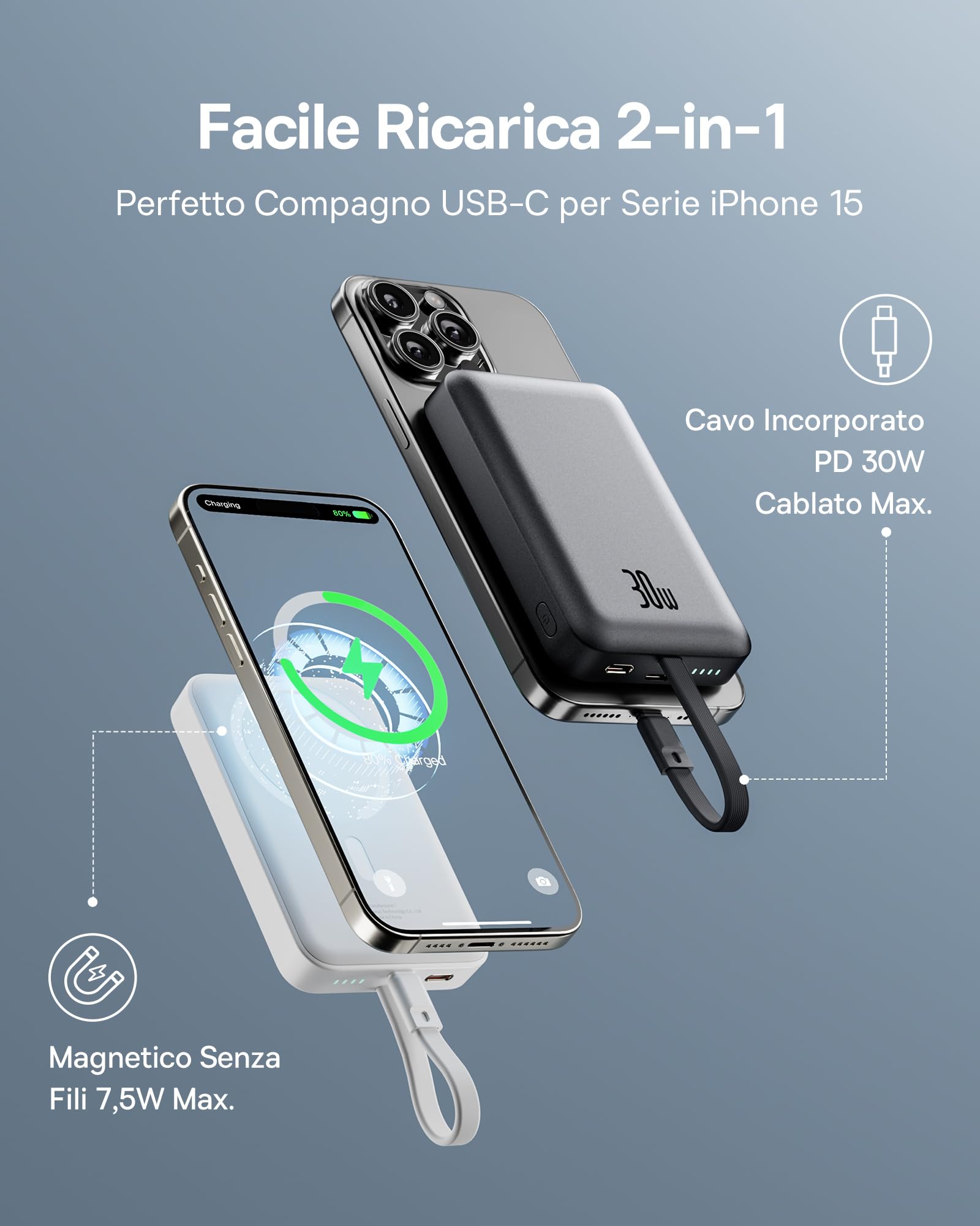 Baseus Magsafe Power Bank PD 30W, 10000mAh Powerbank Magnetica con Cavo USB-C Integrato (Carico/Scarico) per iPhone Serie 15/14/13/12, Mini Power Bank, Batteria Esterna Piccola ma Potente, Nero