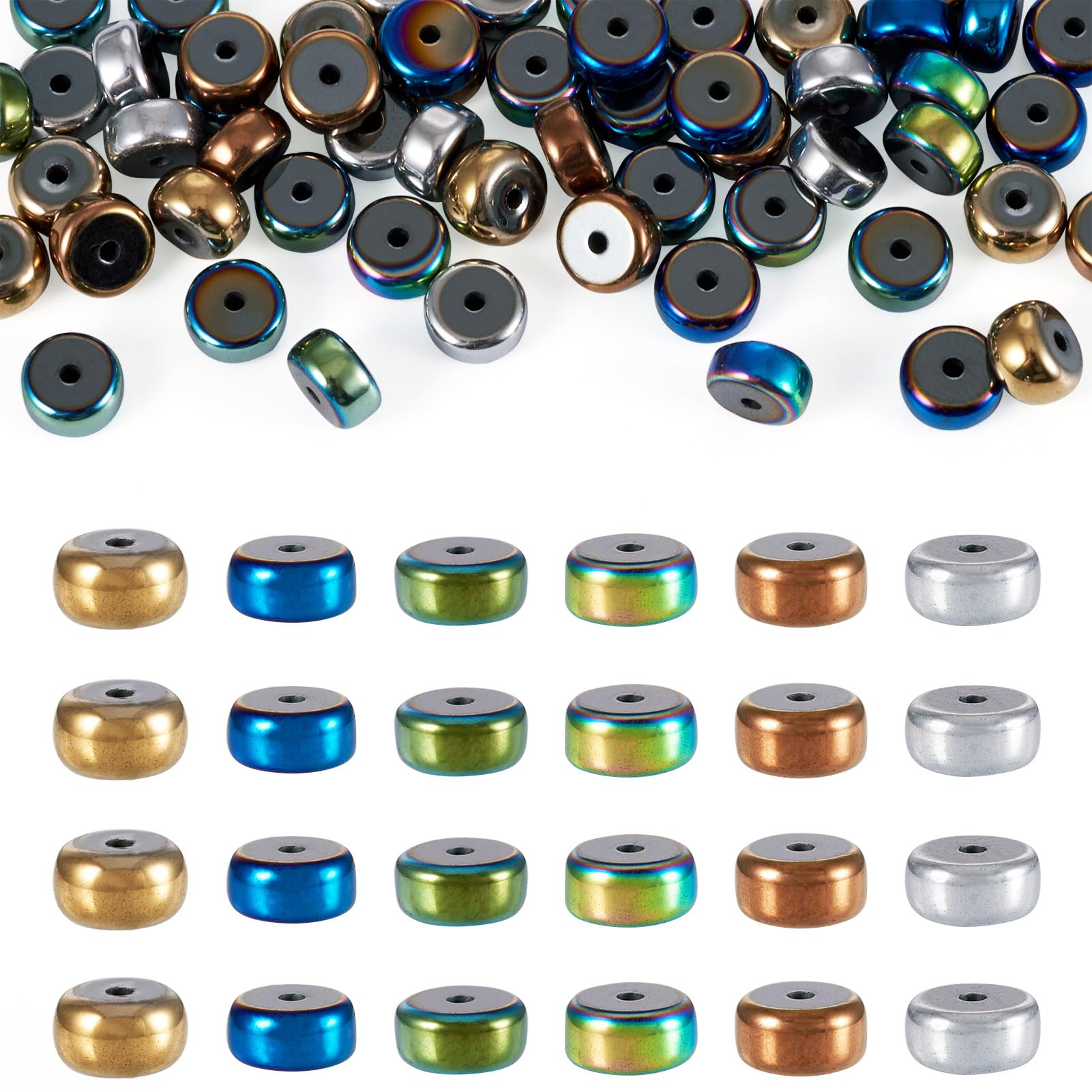 Beadthoven 300PCS 6mm Hematite Beads Colorful Plated Flat Round Heishi Beads Gemstone Disc Coin Stone Spacer Beads Bulk for DIY Bracelet Necklace Jewelry Making — image 1
