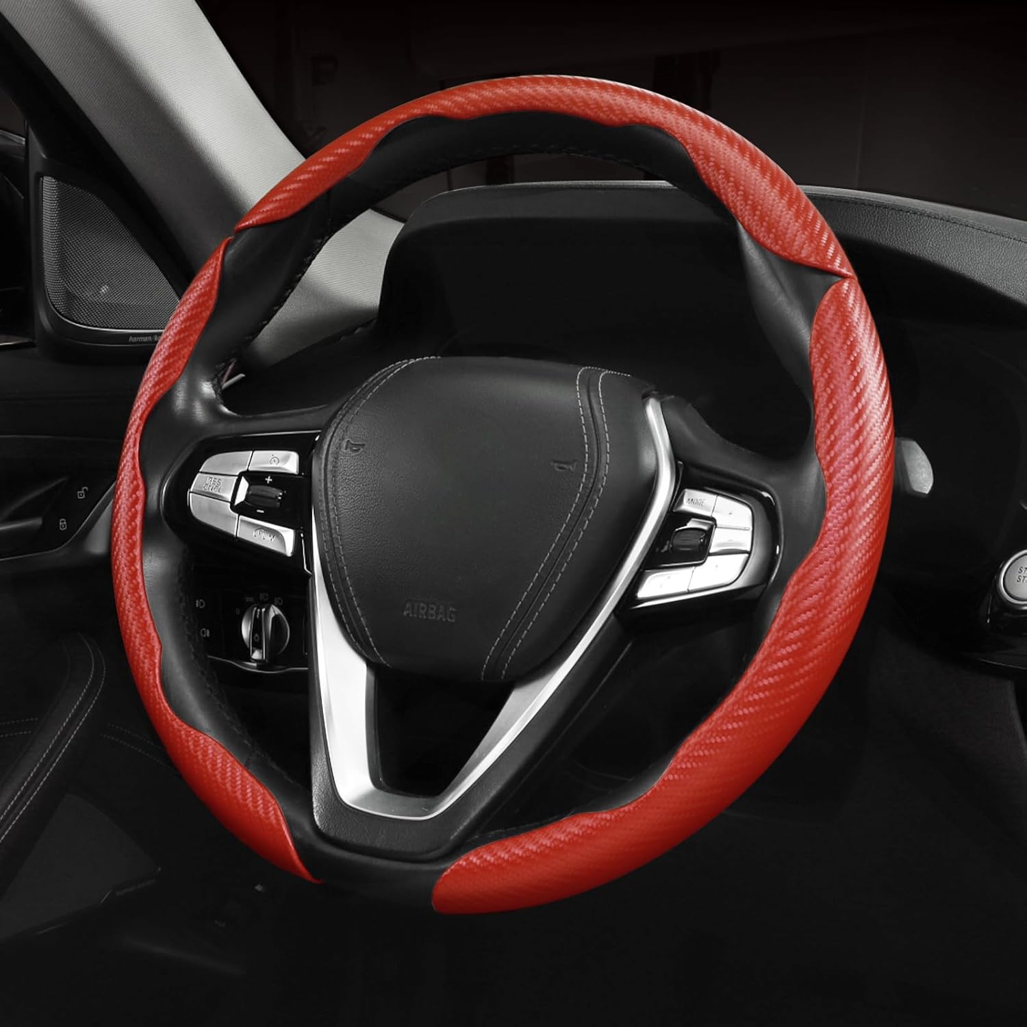 Carbon Fiber Steering Wheel Cover Anti-Slip Wrap Snap on Car Steering Wheel Accessories Grip 15 inch Universal 3pc Matte Red