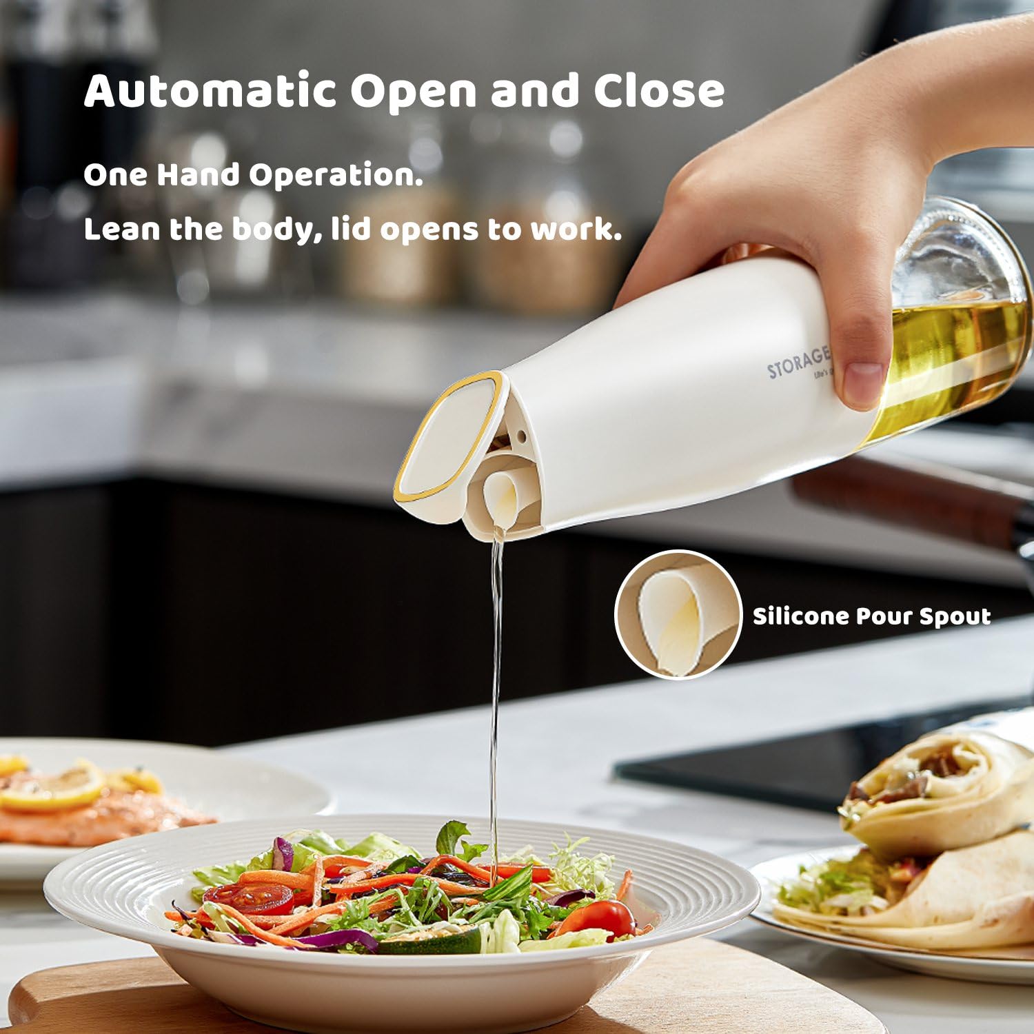 Olivenöl-Spenderflasche für die Küche, 500 ml, Glas, Speiseölbehälter mit automatischer Kappe und Stopper, tropffreier Ausgießer, Sojasauce, Essig, Gewürzspender, Behälter für Sojasauce, Essig,