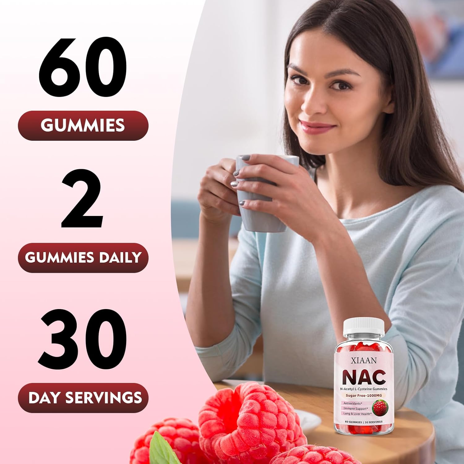 NAC Gummies for Kids & Adults, N Acetyl Cysteine 1000mg NAC Supplement for Antioxidants & Immune Support, Lung & Liver Health, Raspberry Flavor 60 Count - Image 6