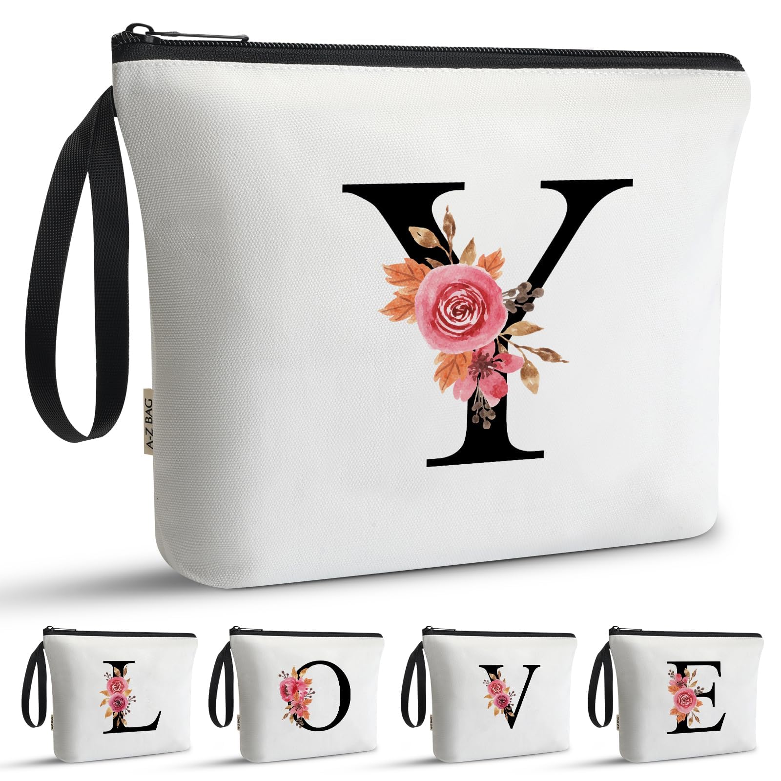 A-Z BAG Personalised Initial Makeup Bag with Floral Letter,Gifts for Women,Mum,Friend,Sister,Teenage Girls,Bridesmaid,Cosmetic Wash Bag & Toiletry Pouch,Y