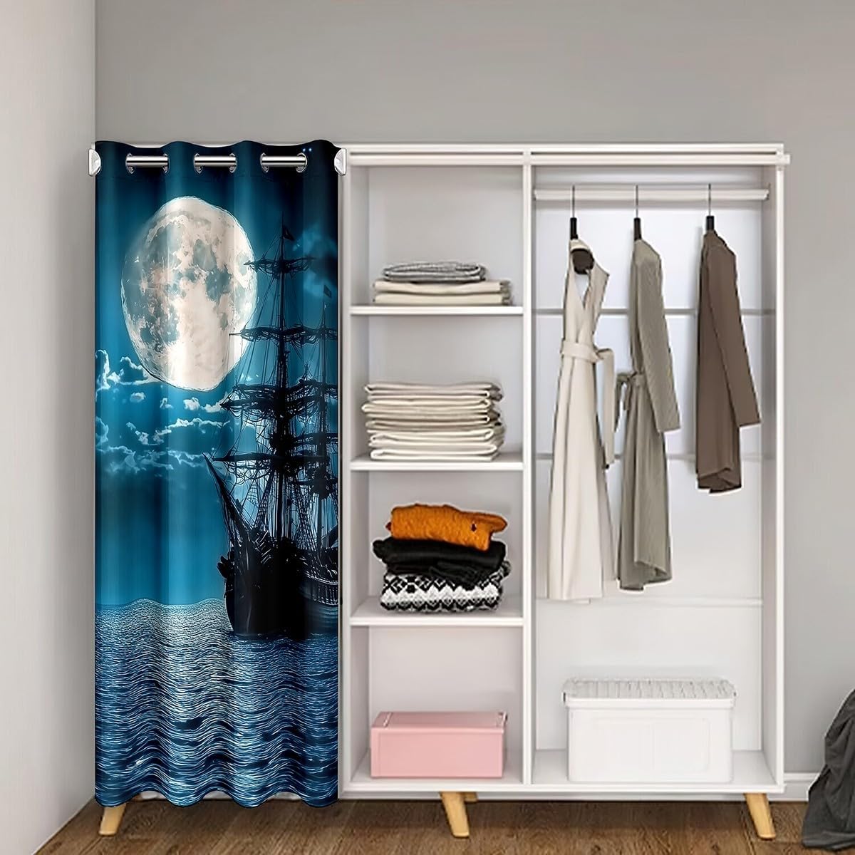 Feelyou Sailing Ship Door Curtain for Doorway Privacy 42" x 80" Moonlight Ocean Sea Closet Door Cover Curtain for Bedroom Living Room Coastal Room Divider Curtain Cover