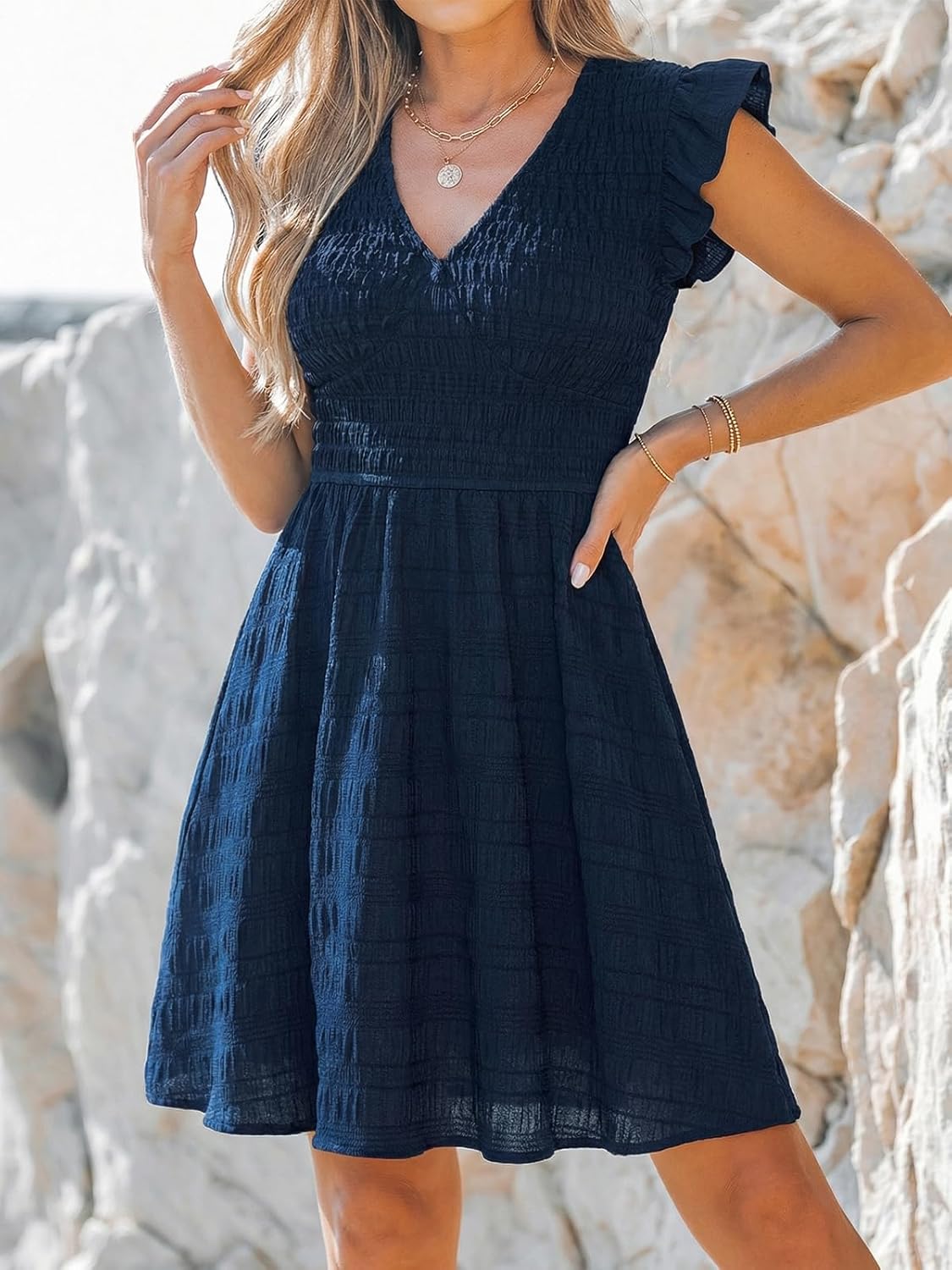 CUPSHE Women's Summer Sleeveless Smocked Mini Dress Casual V Neck Ruffle Flowy A Line Short Dress - Image 6