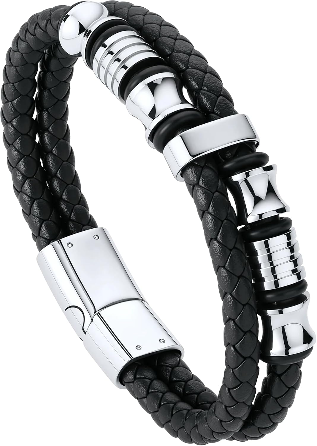 Mens Bracelet Braided Leather 316L Stainless Steel