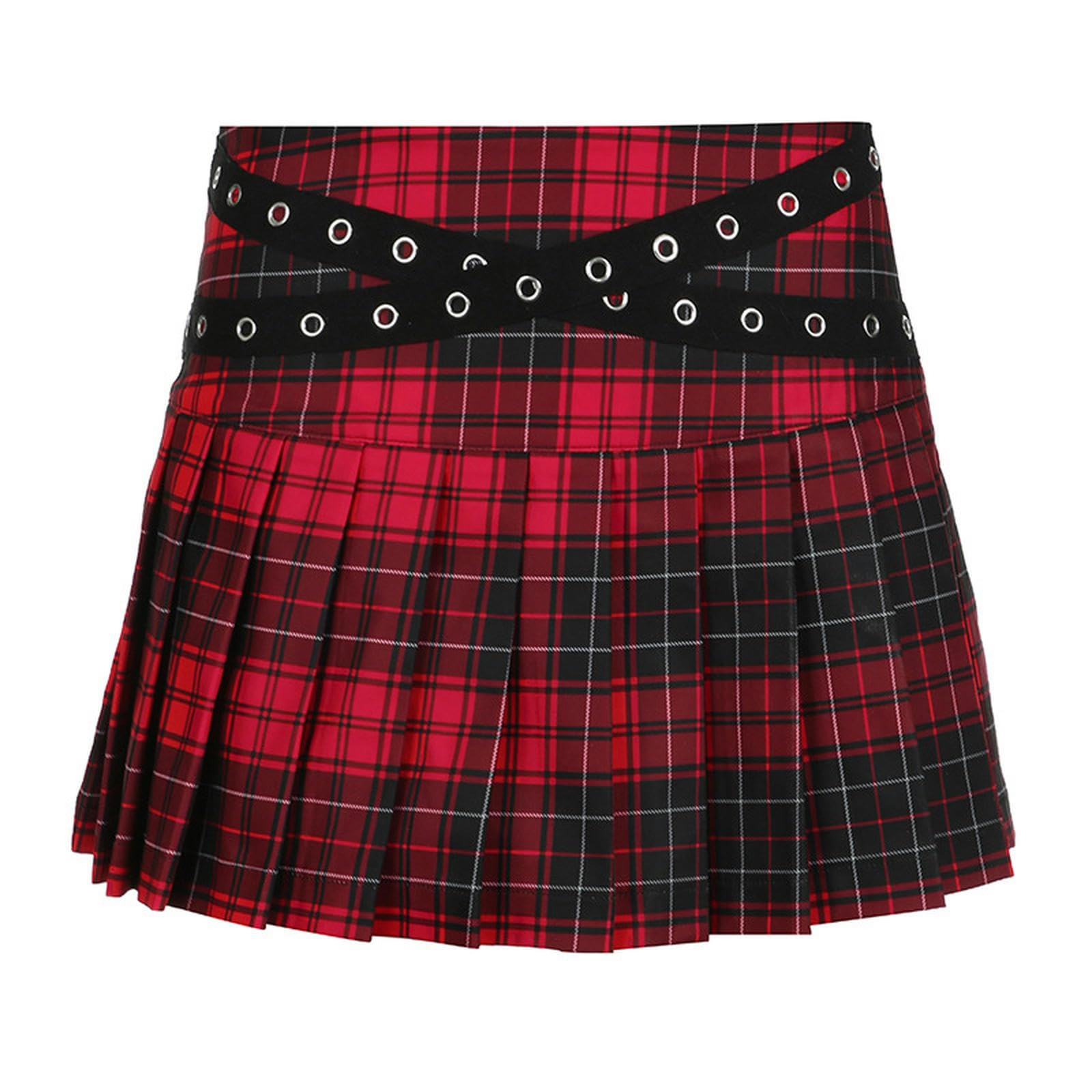Generic Falda Plisada A Cuadros De Tela Escocesa con Ojales De Estilo Universitario Falda De Diseño Retro Falda Acampanada De Cintura Baja-Rojo-S