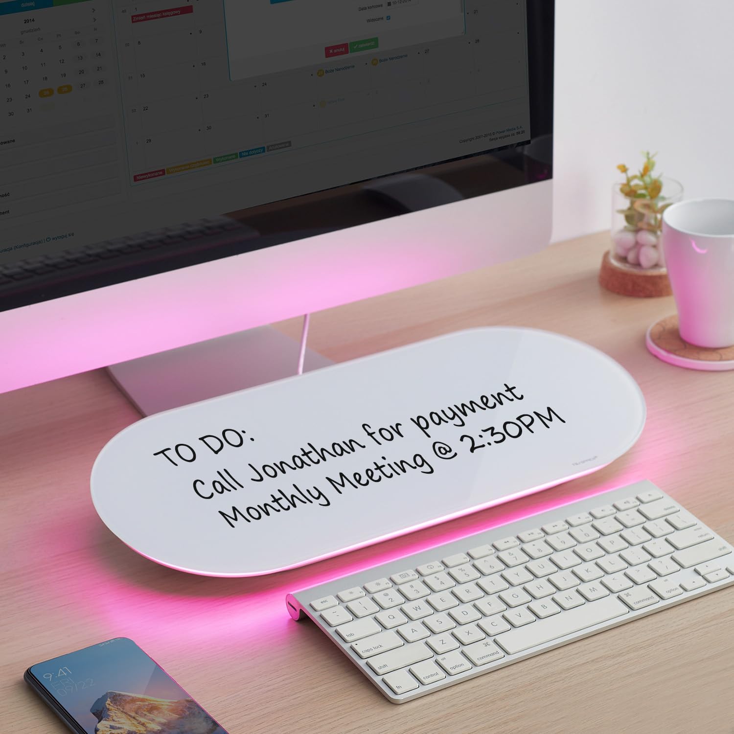 Glass Desktop Whiteboard - 17 X 7 Inches Small Dry Erase Board with Pink Light, Glass White Board Surface Notepad with 1 Drawer, Desk Organizers for Office, Home, School Supplies Pink Light (White Glass)