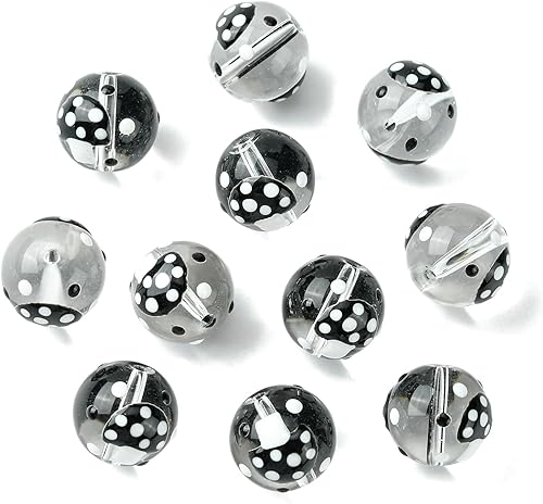 LiQunSweet 30 cuentas de vidrio de cristal hechas a mano de colores mixtos, redondas, blancas y negras, con hongos, cuentas espaciadoras sueltas