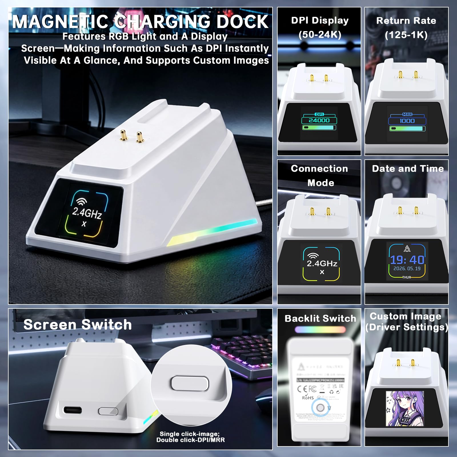 AJAZZ AJ159P Ratón Gaming Inalámbrico Superligero con Base Carga RGB-Blanco | Tri-modo BT/2.4G/USB, Sensor Óptico PixArt PAW3311 de 24000 DPI, Programable Computer Mice, for Office/PC/Mac/Win11
