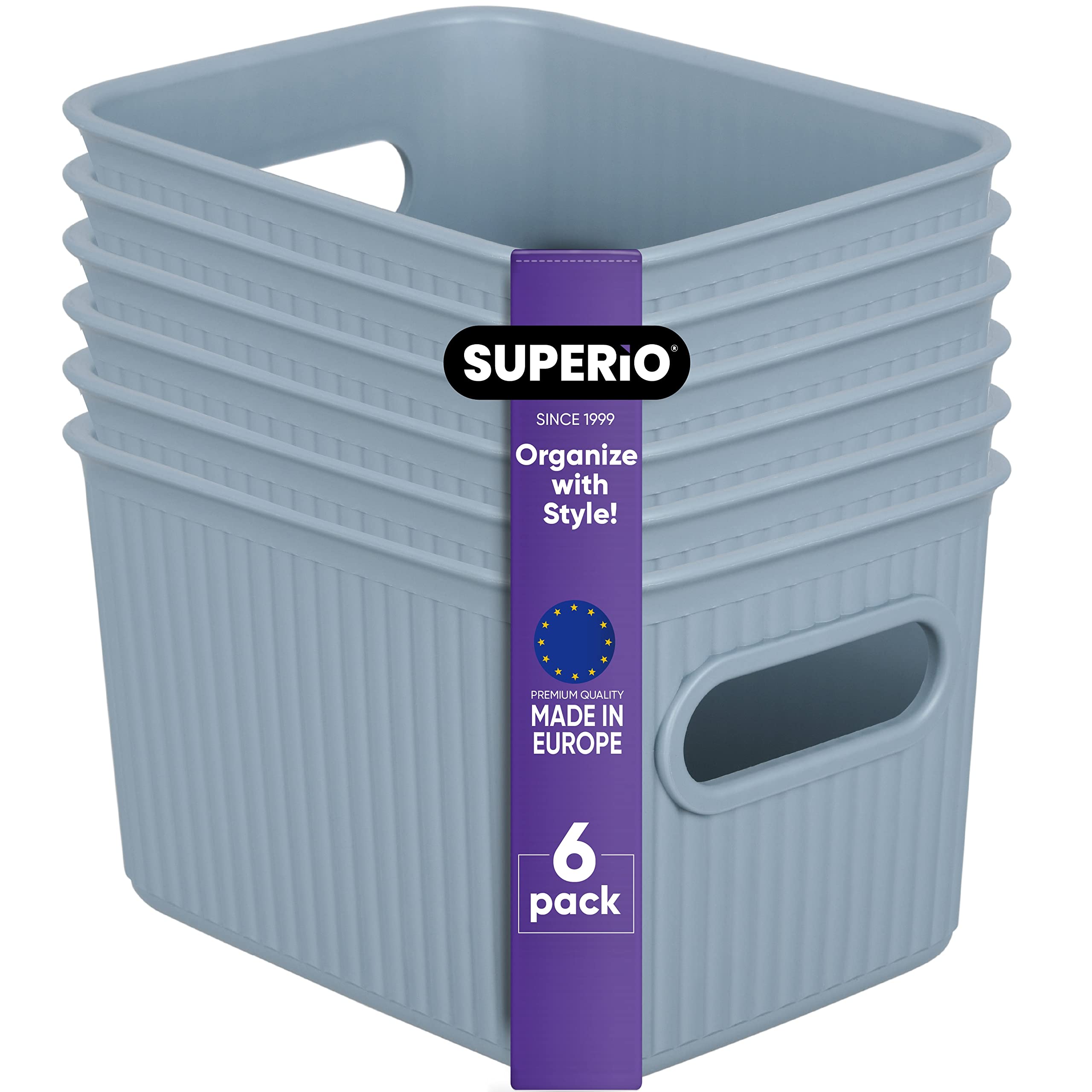 Superio Ribbed Collection - Decorative Plastic Basket Open Home Storage Bins Organizer, Small Blue (6 Pack) Container Boxes for Organizing Closet Storage Bins for Shelves Drawer Shelf 1.5 Liter
