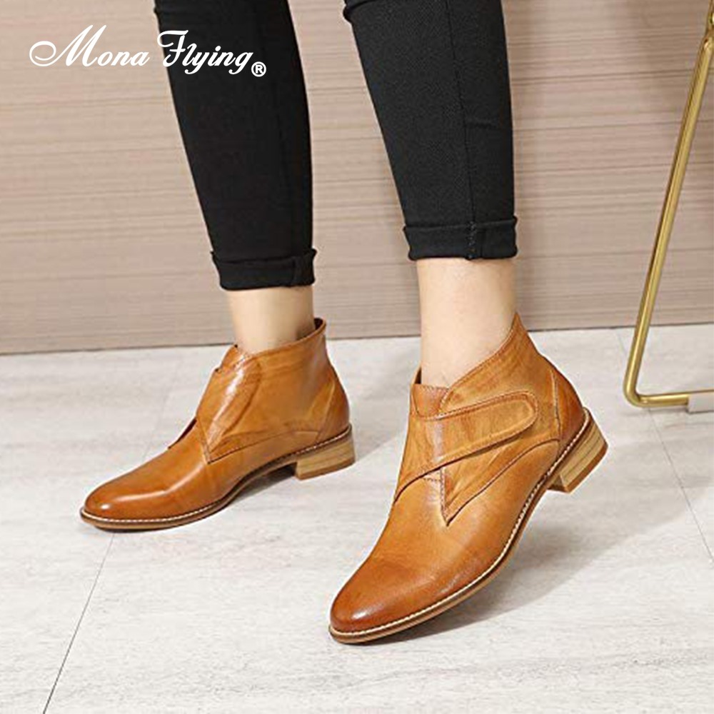 Mona Flying Women's Genuine Leather Boots – Mid Calf Buckle Strap Side Zipper Booties, Brown