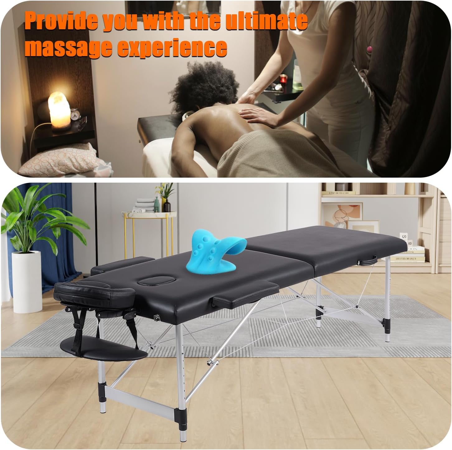 Portable Massage Table with Neck Stretcher, Light Weight 84 in Massage Bed Adjustable Lash Bed Tattoo Table for Eyelash Extensions Beauty Spa (Aluminum, Black)