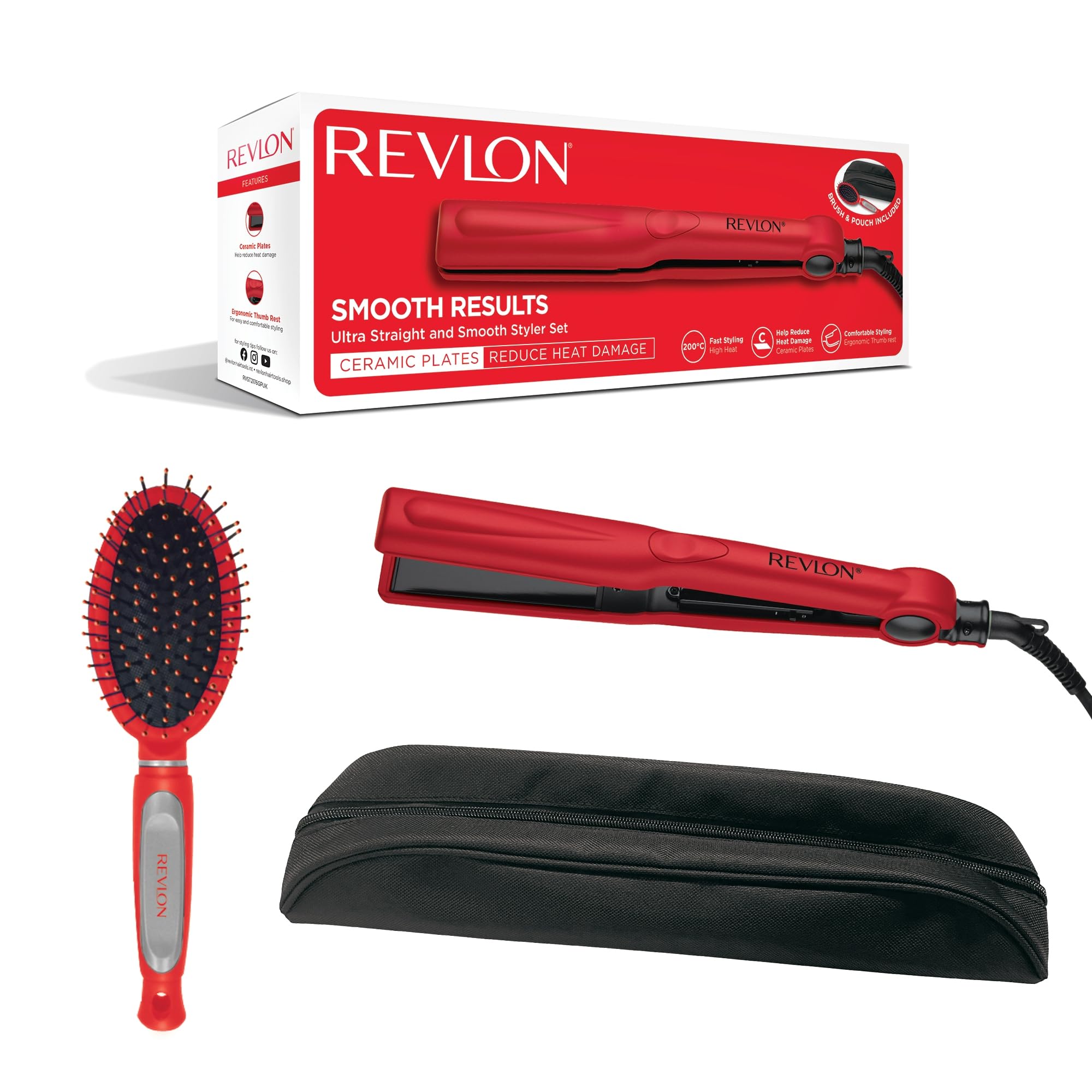 REVLON Ultra Straight and Smooth Styler Set (200°C Fast Styler with Ceramic Plates Gift Set including Brush and Storage Pouch) RVST2176GP