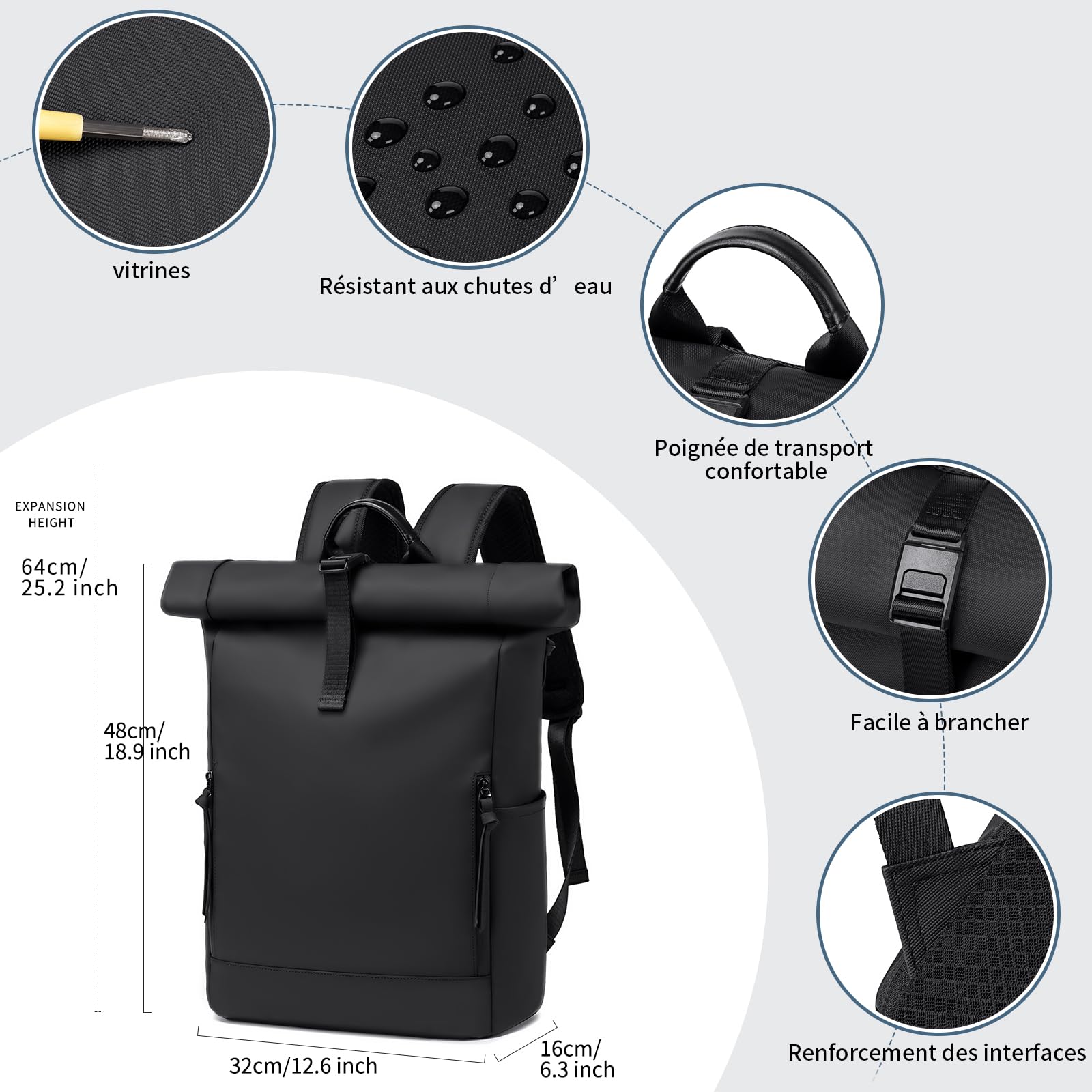 Sac à Dos Roll top Femme Ordinateur Noir Grand Sac a Dos Homme et Femme Travail Extensible Sac a Dos PC Ordinateur Portable Bagage à main 17.3 Pouces pour Randonnée Voyage Cyclisme Universit