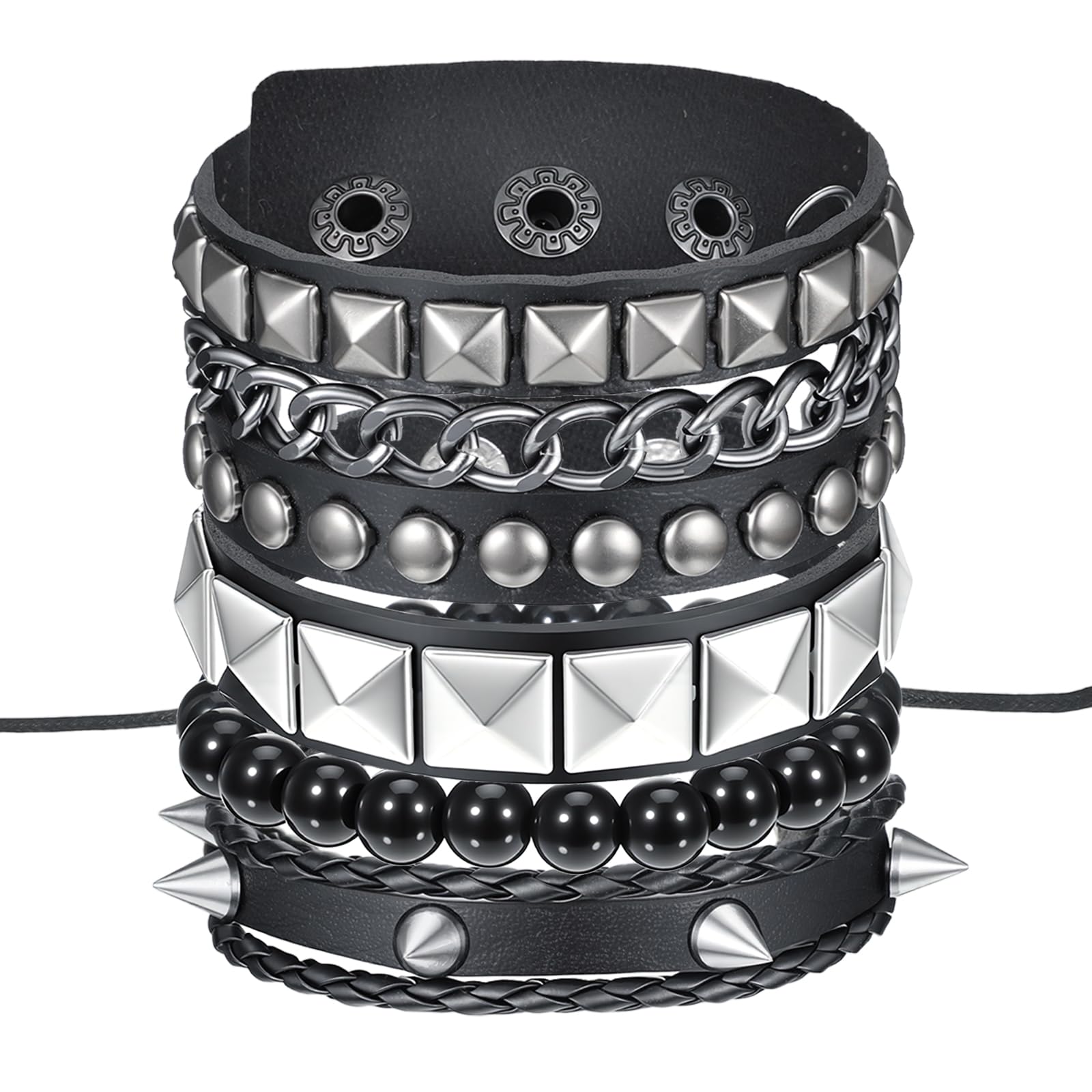 Ajcotahm 4 pulseras punk rock, pulseras emo con tachuelas, pulsera de cuero con botón a presión, pulsera de metal de los años 80, brazalete ajustable para hombres y mujeres, accesorios de trajes de