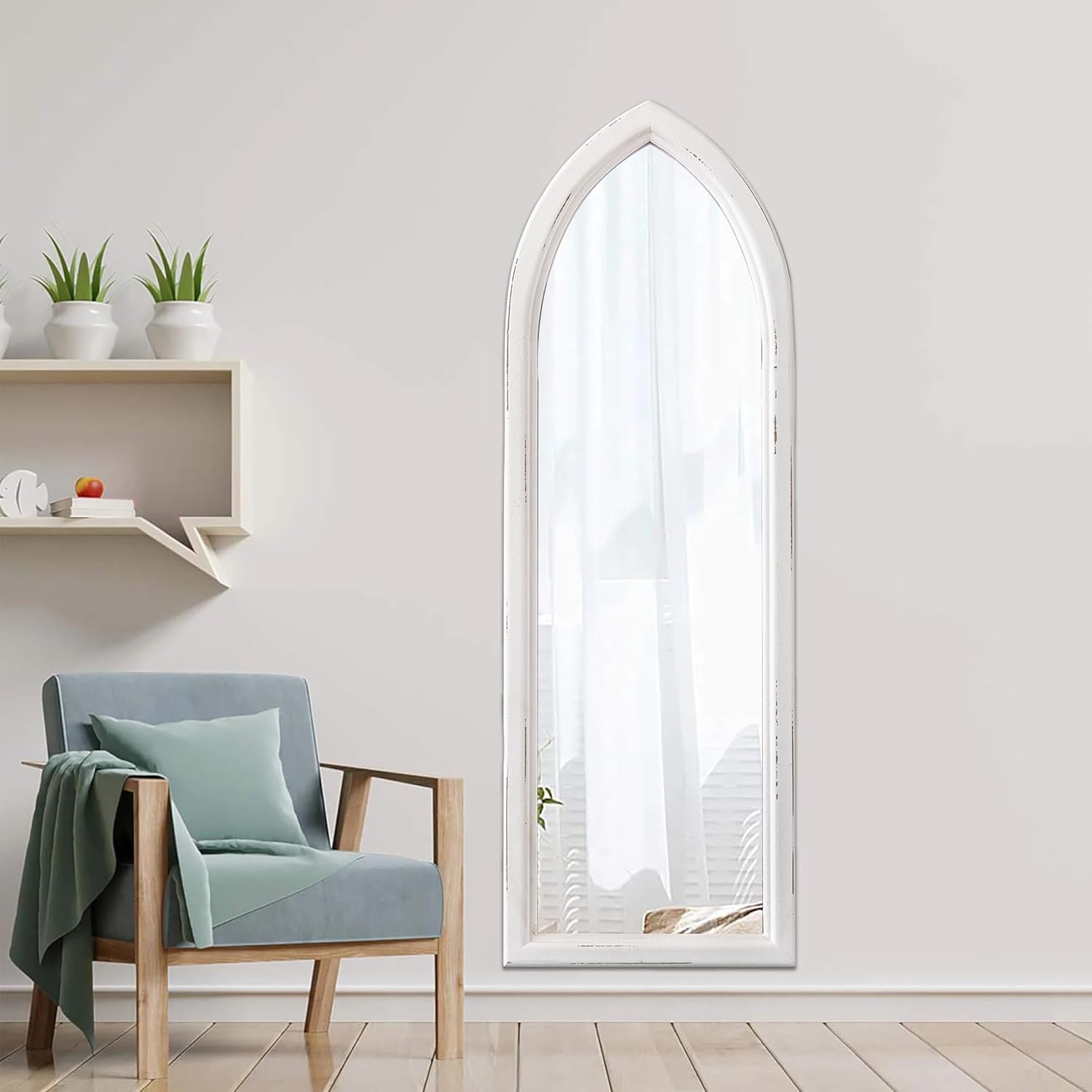 Rustic Arched Long Mirrors for Wall 35 X 12 Inch, Hanging Wood Frame