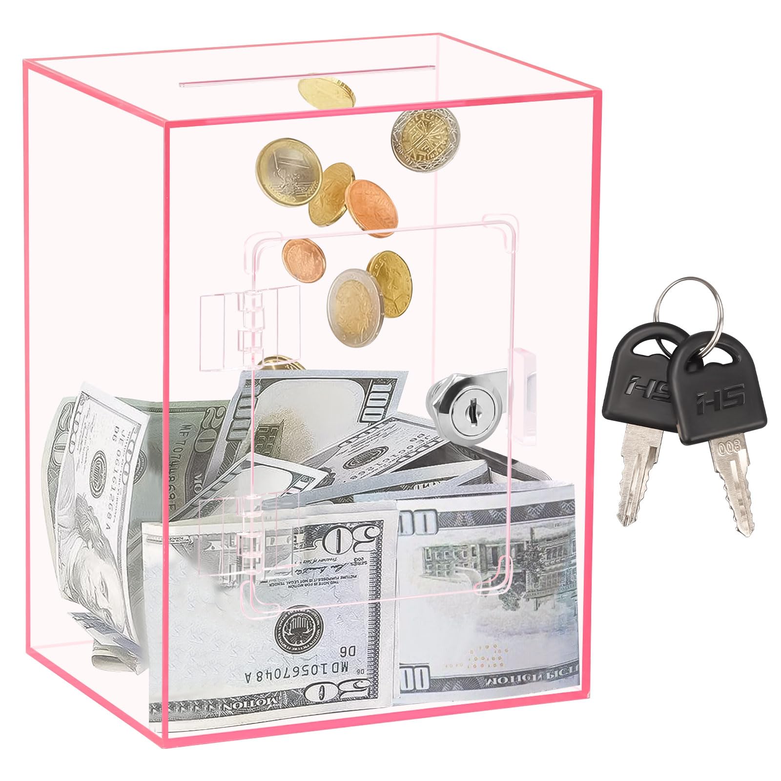 Salvadanaio in Acrilico, 20x15x12 cm Salvadanaio Apribile con Chiave Riutilizzabile Scatola di Donazione in Acrilico, Trasparente, per Monete Cash Change Storage (Rosa)