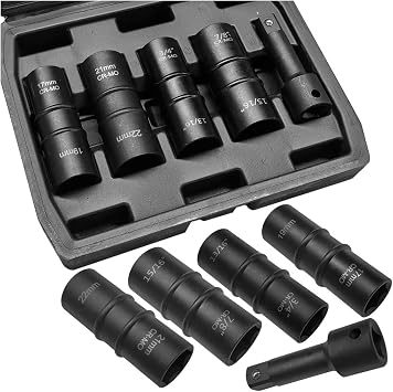 ZIMISI 1/2" Drive Impact Socket Set, 6-Point Nut Socket with 3 Inch Bar Extension, Corrosion-Resistant Cr-Mo Flip Sockets with Callouts, Double-Ended Thin Wall Lug Nut Extractor Set 4+1 Set