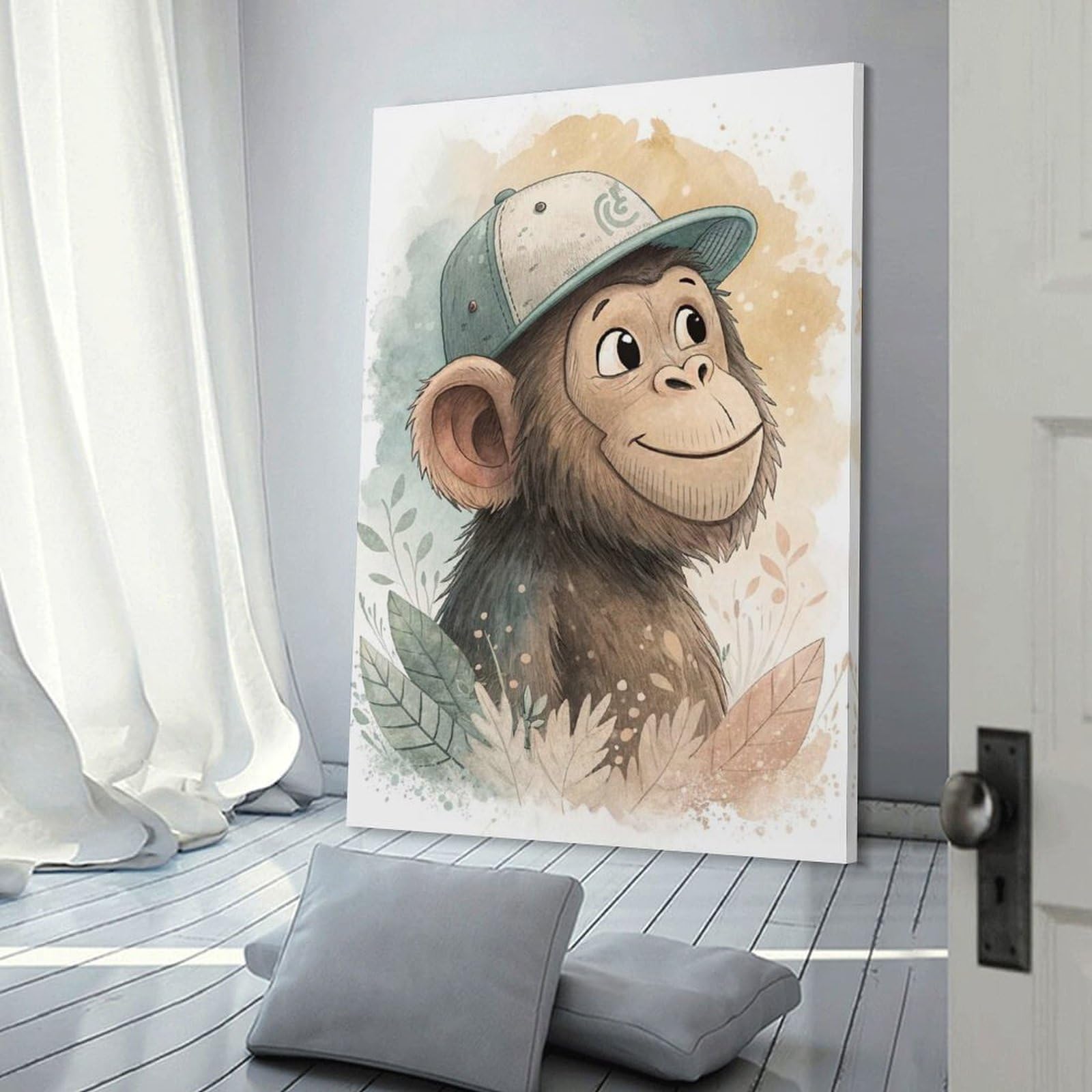 Junmoney Canvas Wall Decor Cute Monkey Wearing A Baseball Cap, 24x36inch(60x90cm), for Bedroom Decor, Cosy Corners Or Studios, Decorative Wall Art for Cosy Rooms