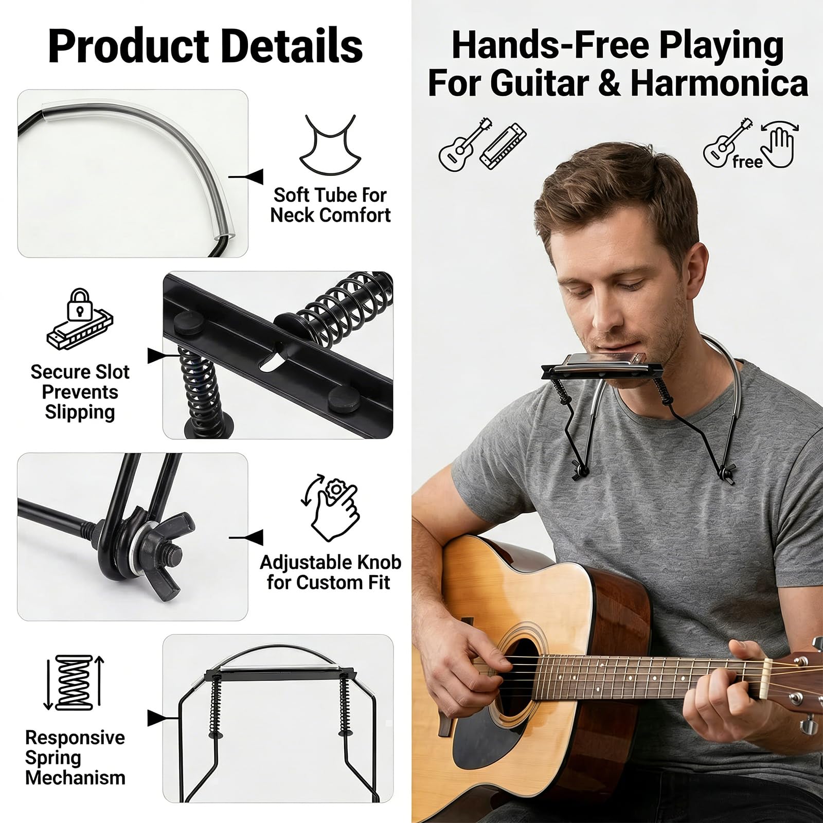 Support d'Harmonica à 10 Trous, Support de Cou en Métal avec Tubes Souples, Distance Réglable Maintien Stable, Convient à Toutes les Marques pour Pratiques et Concerts (Noir)