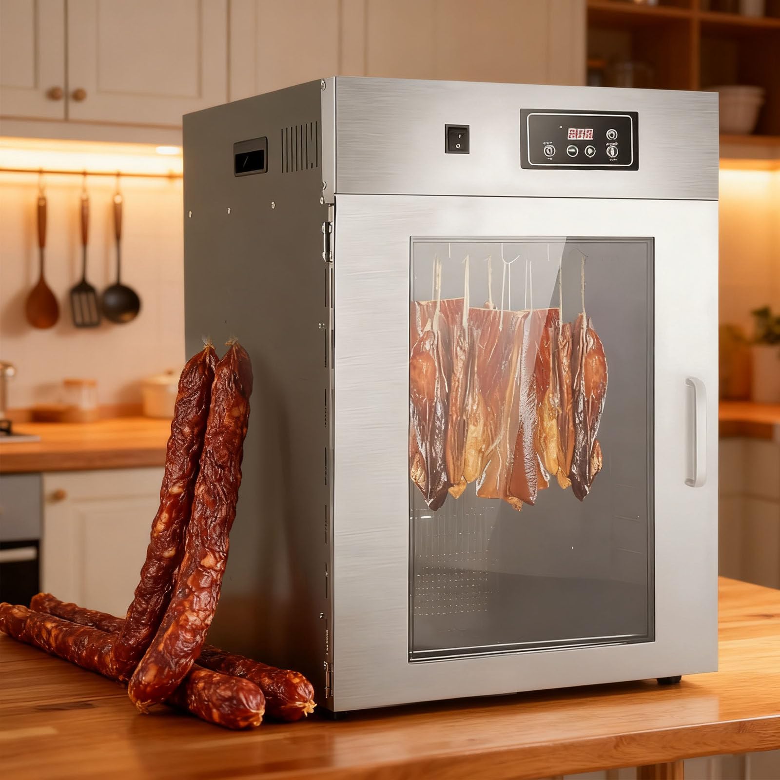 Gewerblicher Dry Aged Reifeschrank Mit 360°-Drehfunktion, Edelstahl-Fleischtrockner, 24-Stunden-Timer Und Einstellbarer Temperatur (30-90℃) Für Die Fleischreifekammer, 7.5kg