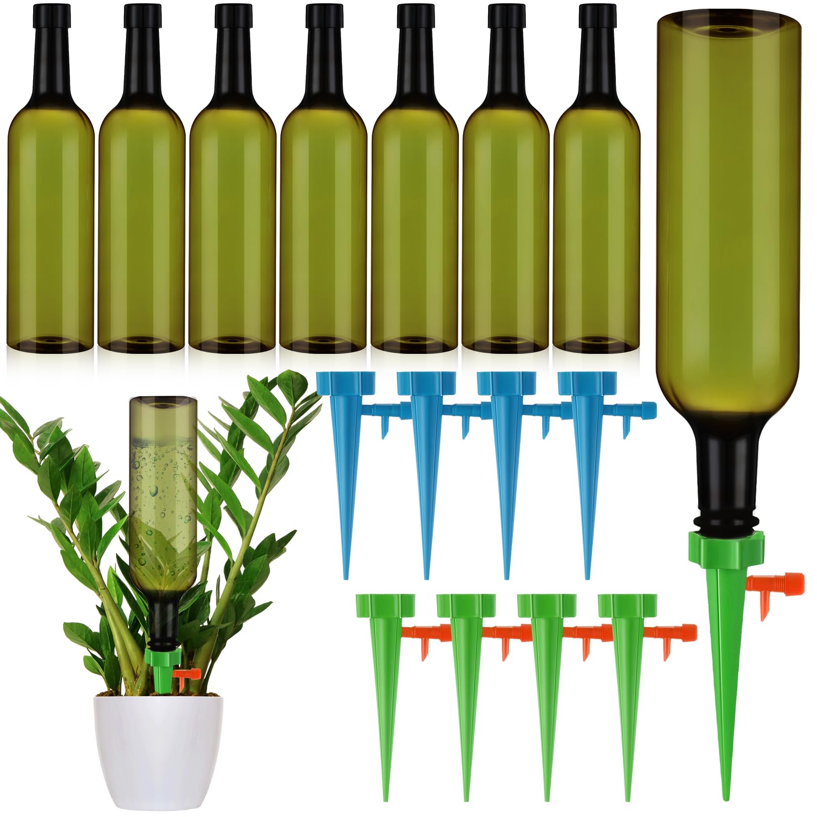 SiliFine 8 Set Plant Watering Devices with Self Watering Spikes and 26 oz Plastic Bottles Plant Waterer Devices with Adjustable Control Valve Switch
