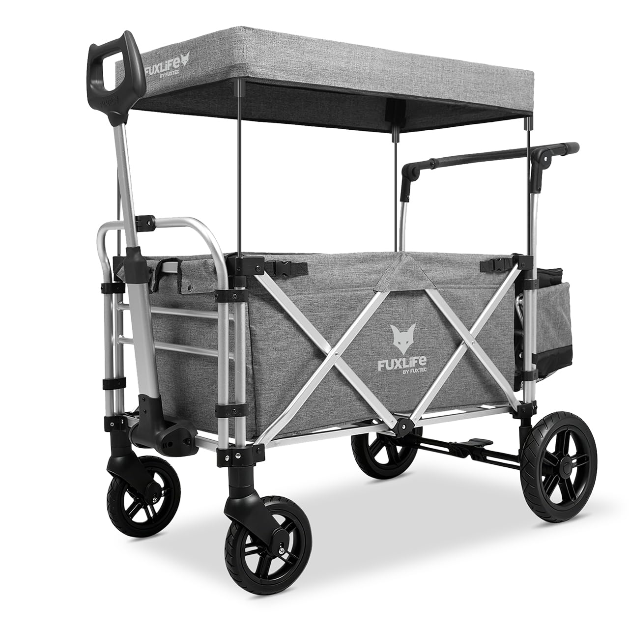 FUXLIFE Bollerwagen FX-CTL900 Premium Grau - Premium faltbar • Kinder Transportwagen mit Sonnendach • gepolsterter Innenraum & 5-Punkt-Gurte • gefederte Räder • klappbarer Handwagen mit Kühltasche