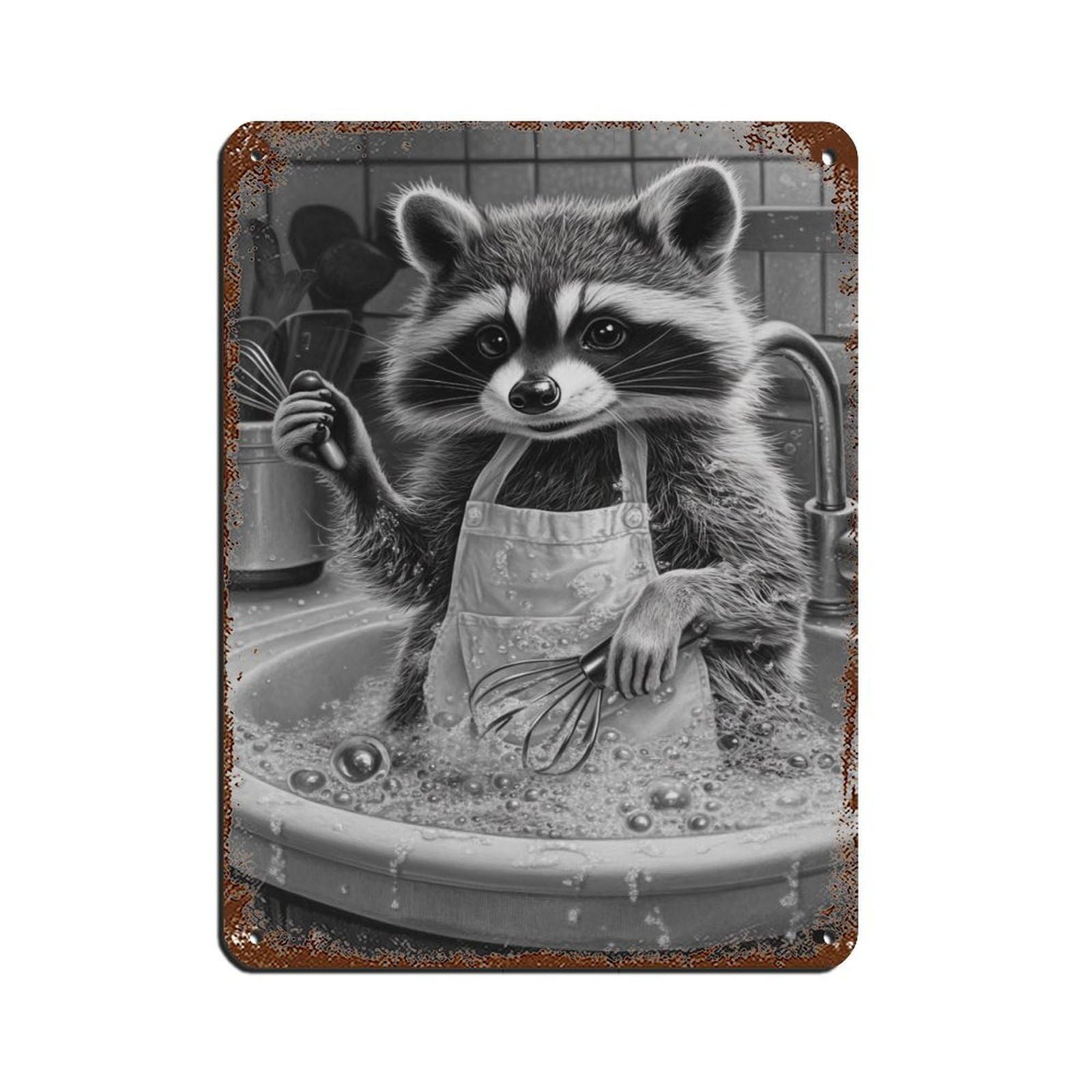 Cute Raccoon Kitchen Art Retro Poster Metal Tin Sign Chic Art Retro Iron Painting Bar People Cave Cafe Family Garage Poster Wall Decoration 12x16inch(30x40cm)