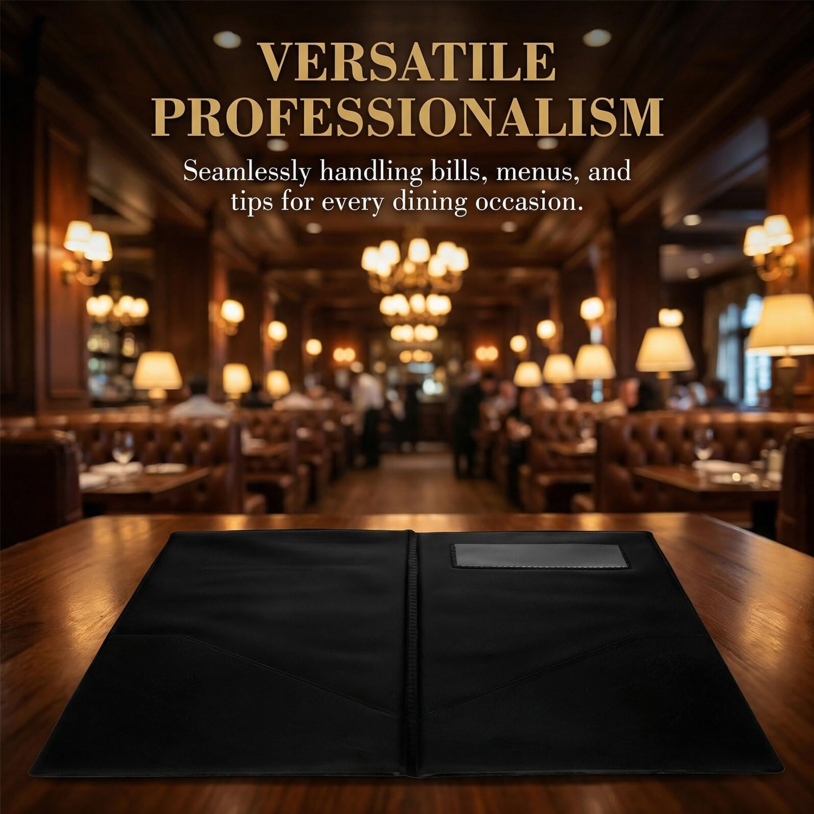 GALPADA 4 Pezzi Set da 4 Porta-conto per Ristorante 28x25,5 Cm in Materiale Resistente, Porta Ricevute e Portamenù Nero con Scritta Dorata Grazie", per Camerieri e Servizio Clienti in Bar
