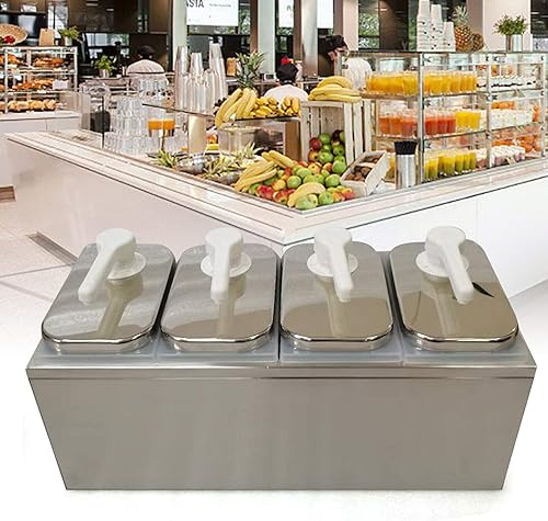 Miniatura 7 de Estación de bombeo de condimentos, 4 cabezales de salsa de acero inoxidable 304, dispensador de bomba de condimentos triple para ensalada,