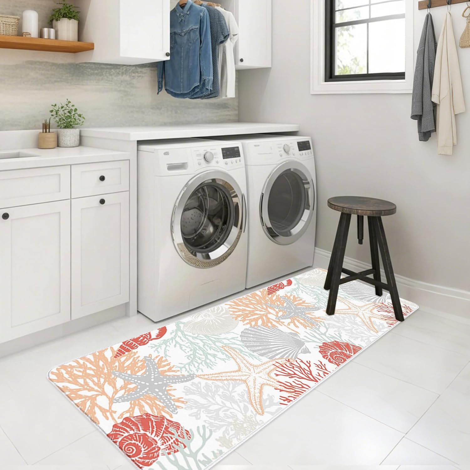 Summer Marine Life Kitchen Mats Set of 2 Graffiti Corals Shell Sea Conch Gray Starfish Non Slip Mat Washable Floor Rug for Kitchen Sink Floor Laundry, 19.7"x31.5"+19.7"x47.2"