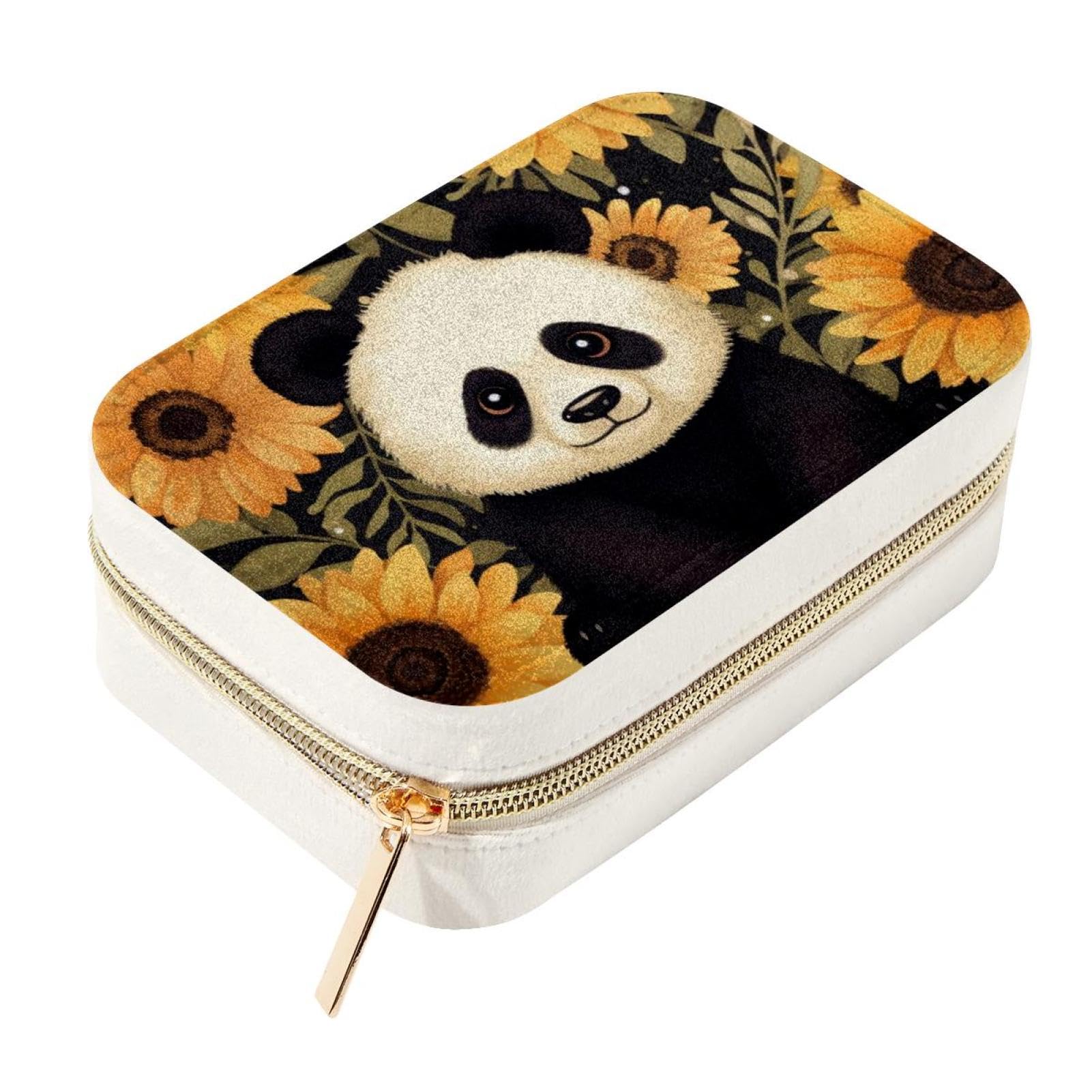 Boîte à bijoux en velours double couche motif panda tournesols pour bagues et colliers
