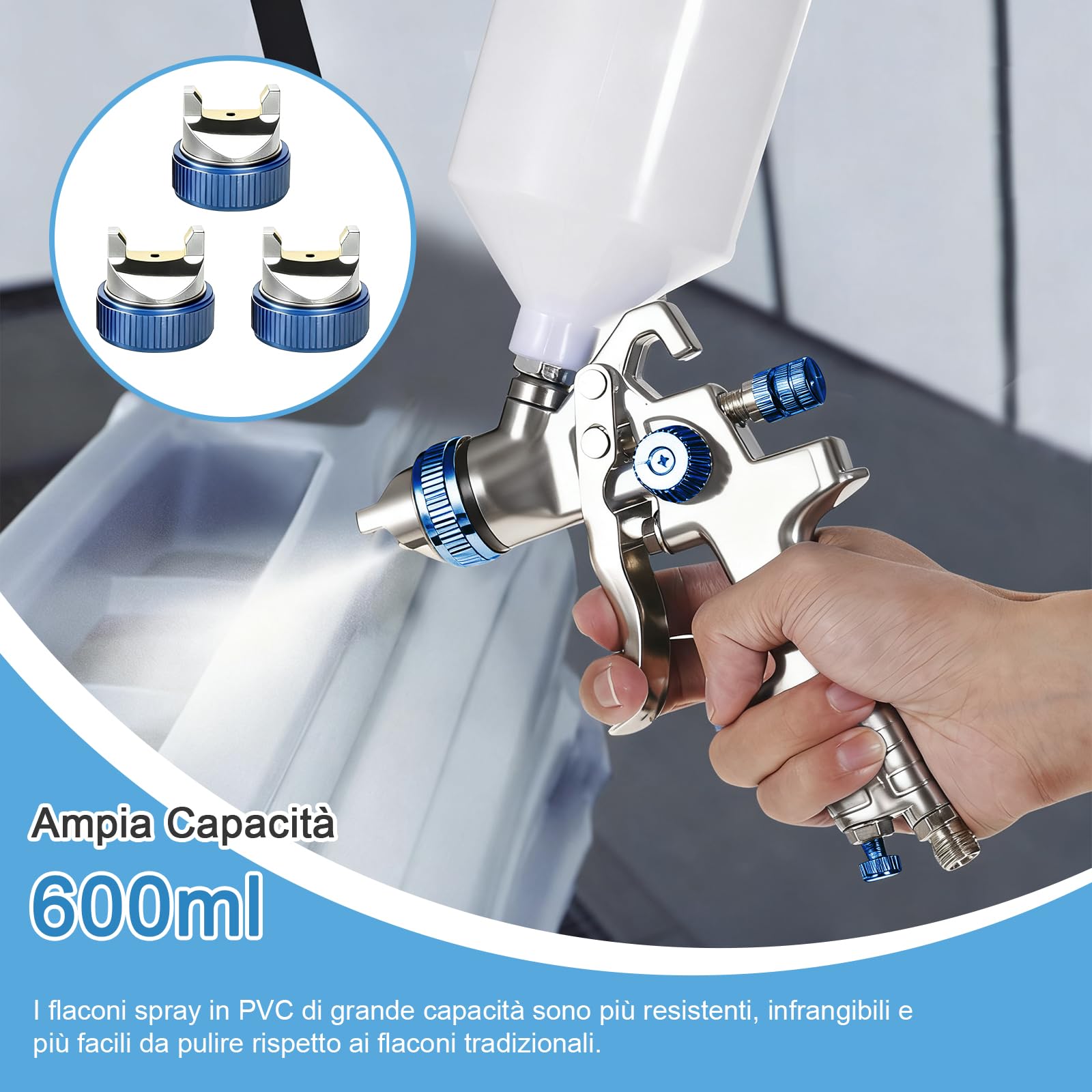 HVLP Pistola per Verniciare, Pistola a Spruzzo per Verniciare Professionale, Serbatoio a Gravità 600 ml con 3 Ugelli 1,4mm 1,7mm 2,0mm, Pistola Vernice a Spruzzo per Auto, Mobili