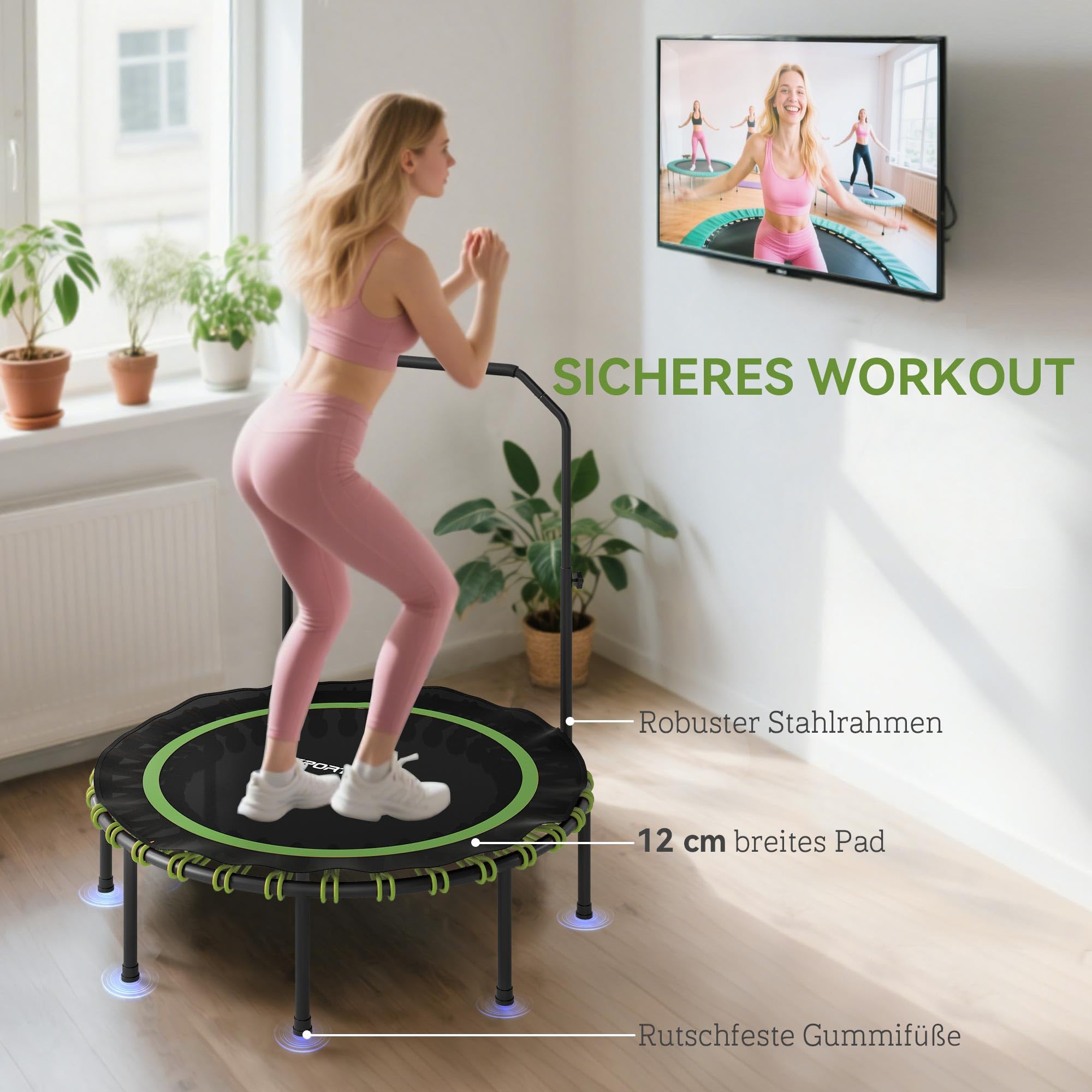 SPORTNOW Trampolina fitness, Ø 114/122 cm, składana, mini trampolina z 5 regulowanymi stopniami uchwytu, cicha gumowa linka, trampolina dla dorosłych, do użytku wewnątrz i na zewnątrz